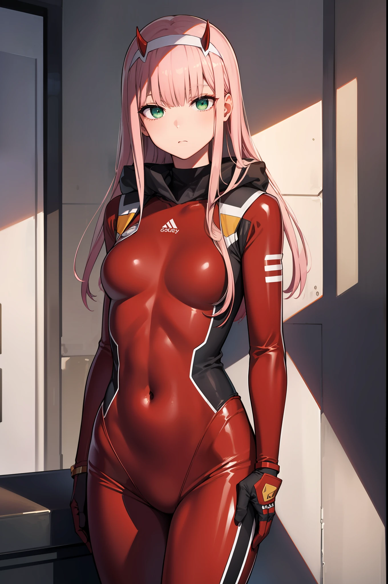 zerotwo, zero two, (green eyes:1.5), hairband, horns, long hair, pink hair, red horns, white hairband,
BREAK bodysuit, covered navel, pilot suit, red bodysuit, science fiction,
BREAK indoors, classroom,
BREAK looking at viewer, BREAK (masterpiece:1.2), best quality, high resolution, unity 8k wallpaper, (illustration:0.8), (beautiful detailed eyes:1.6), extremely detailed face, perfect lighting, extremely detailed CG, (perfect hands, perfect anatomy),