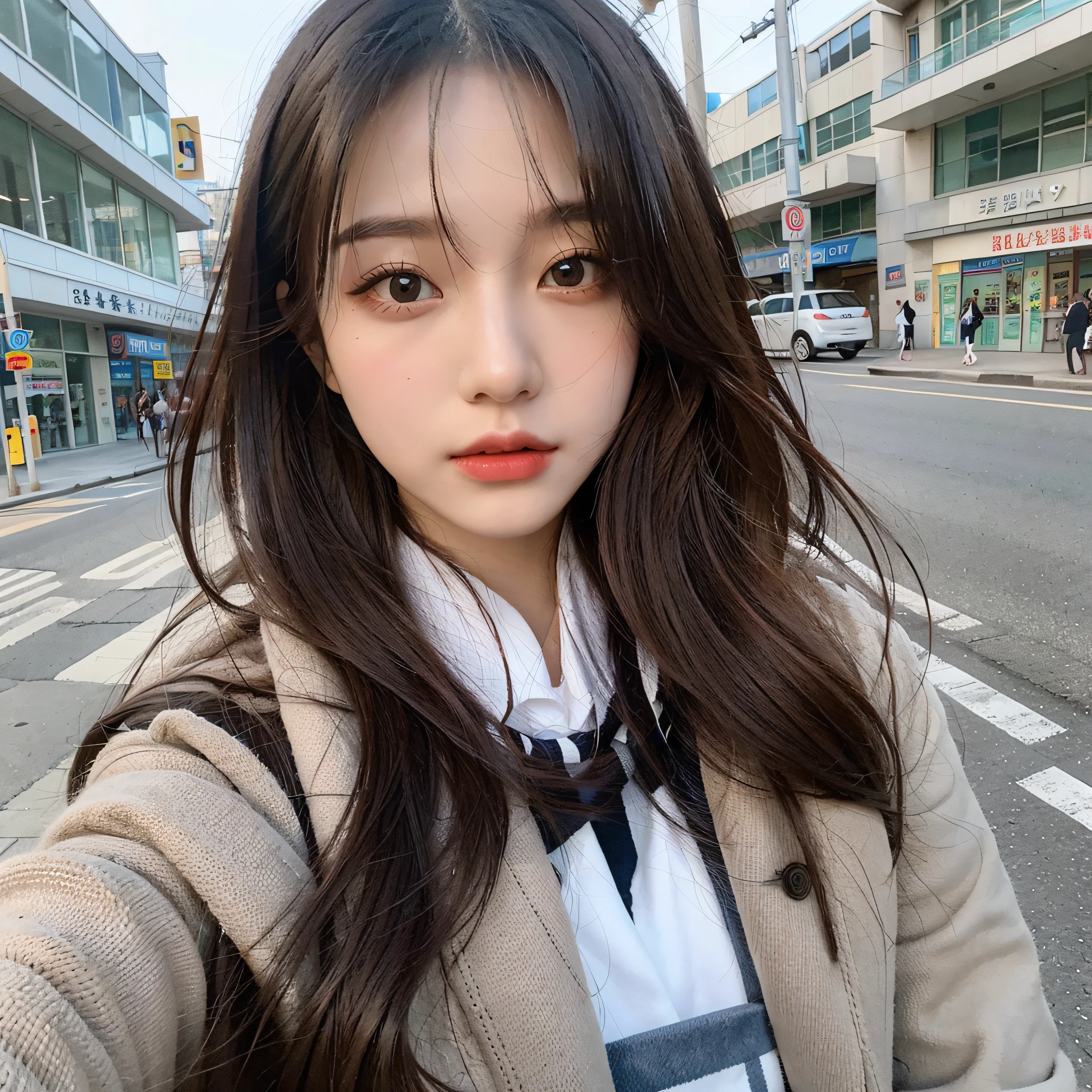 1 High cold girl, JK school uniform, 8K high detail、textureskin、High quality and meticulous eyes, Double eyelids, Selfie on the street, Best quality masterpiece
