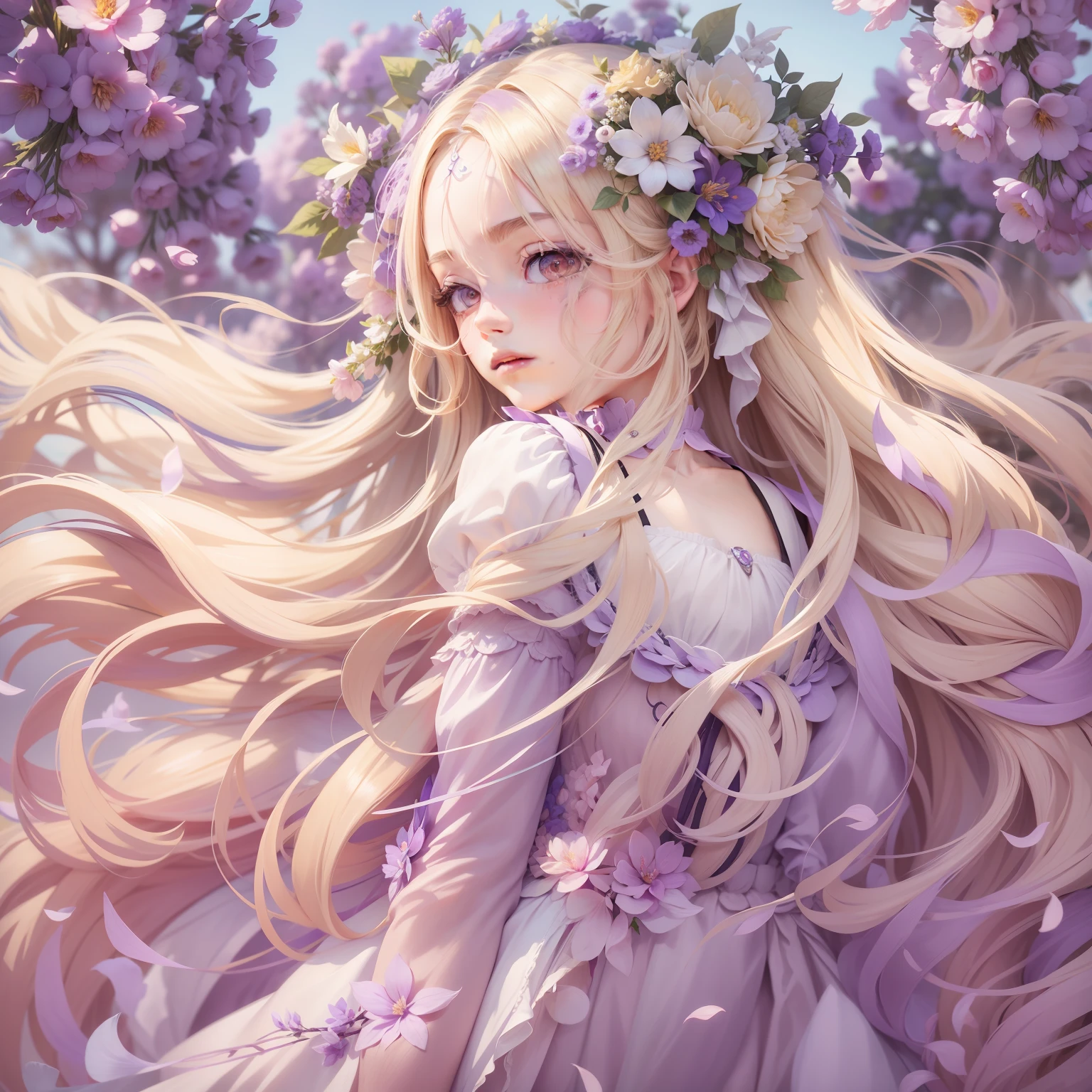 blonde hair, hair flower, head wreath, gradient_eyes, longeyelashes, tsurime, wince, eyebrows behind hair, purple hair, very long hair, floating hair, absurdly long hair, anime, first-person view, Neoclassicism, Renaissance, 8k, highres, best quality