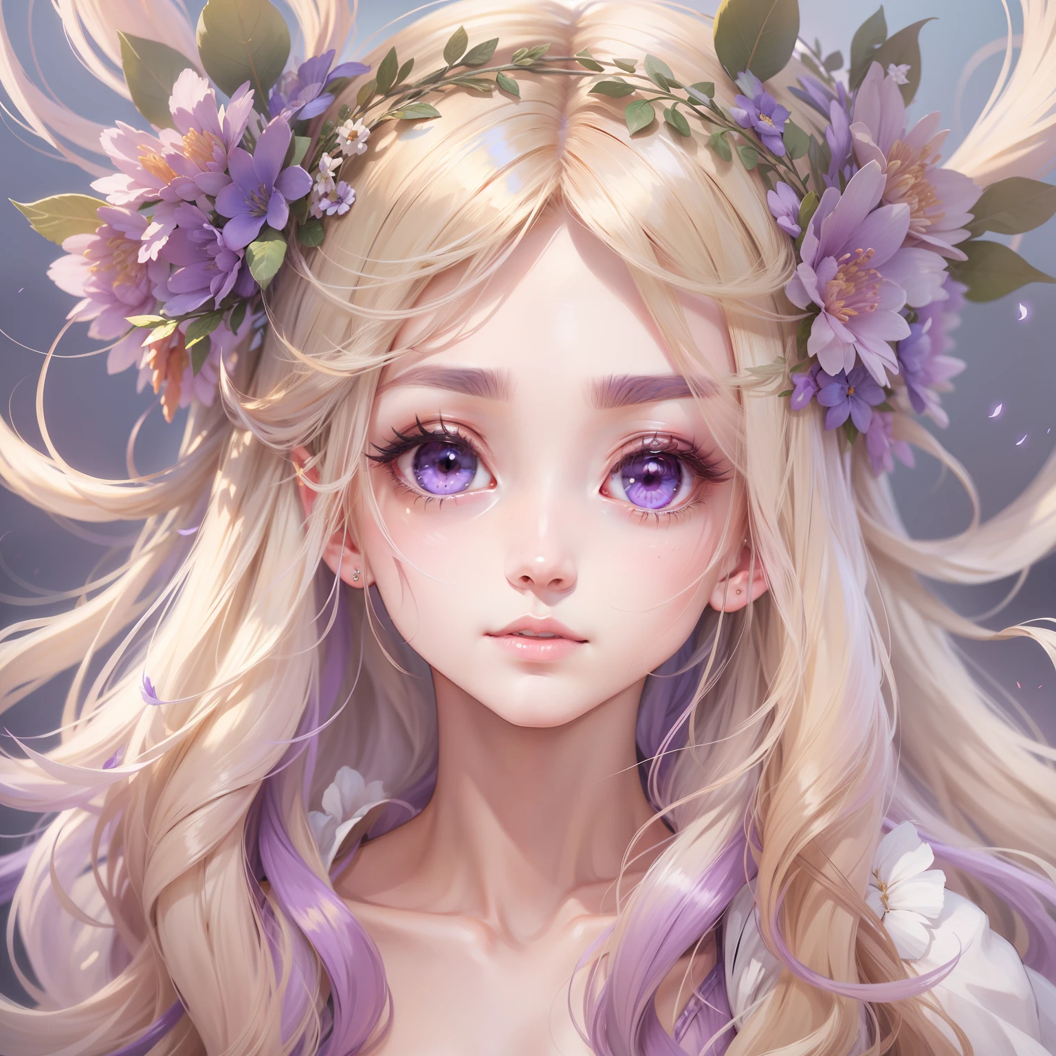 blonde hair, hair flower, head wreath, gradient_eyes, longeyelashes, tsurime, wince, eyebrows behind hair, purple hair, very long hair, floating hair, absurdly long hair, anime, first-person view, Neoclassicism, Renaissance, 8k, highres, best quality