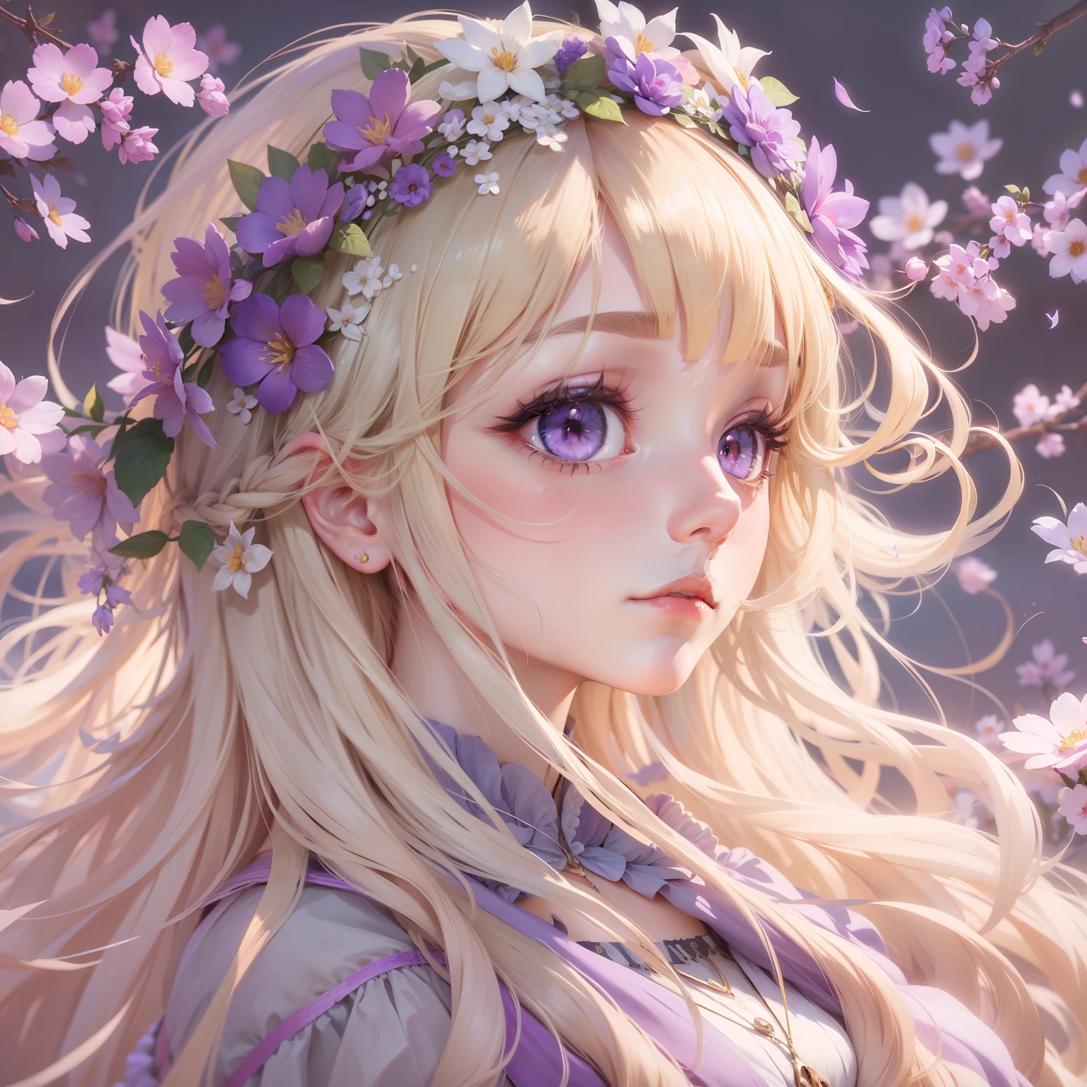 blonde hair, hair flower, head wreath, gradient_eyes, longeyelashes, tsurime, wince, eyebrows behind hair, purple hair, very long hair, floating hair, absurdly long hair, anime, first-person view, Neoclassicism, Renaissance, 8k, highres, best quality