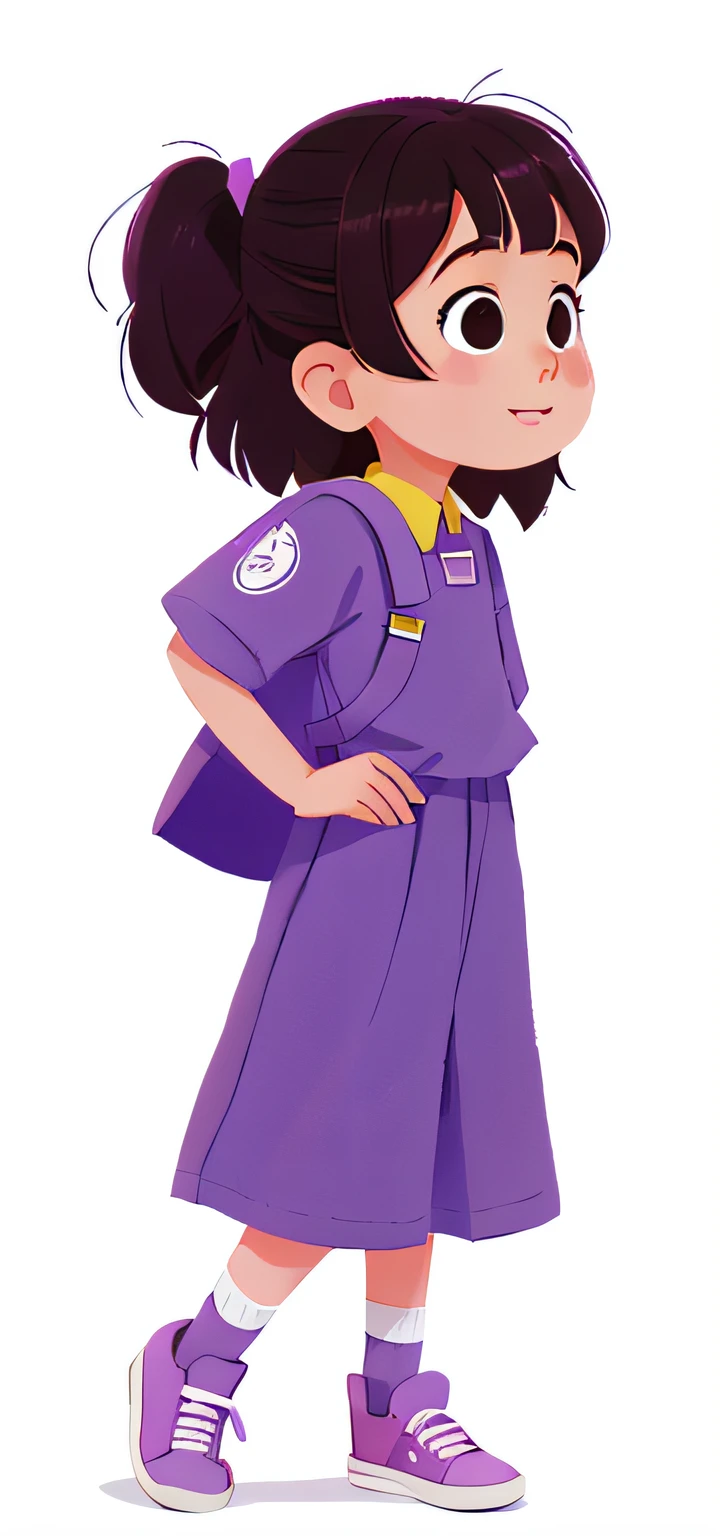 a cartoon girl in a purple outfit, side view, modelsheet, character design,1girl, solo, young girl, full body, ??? illustration,