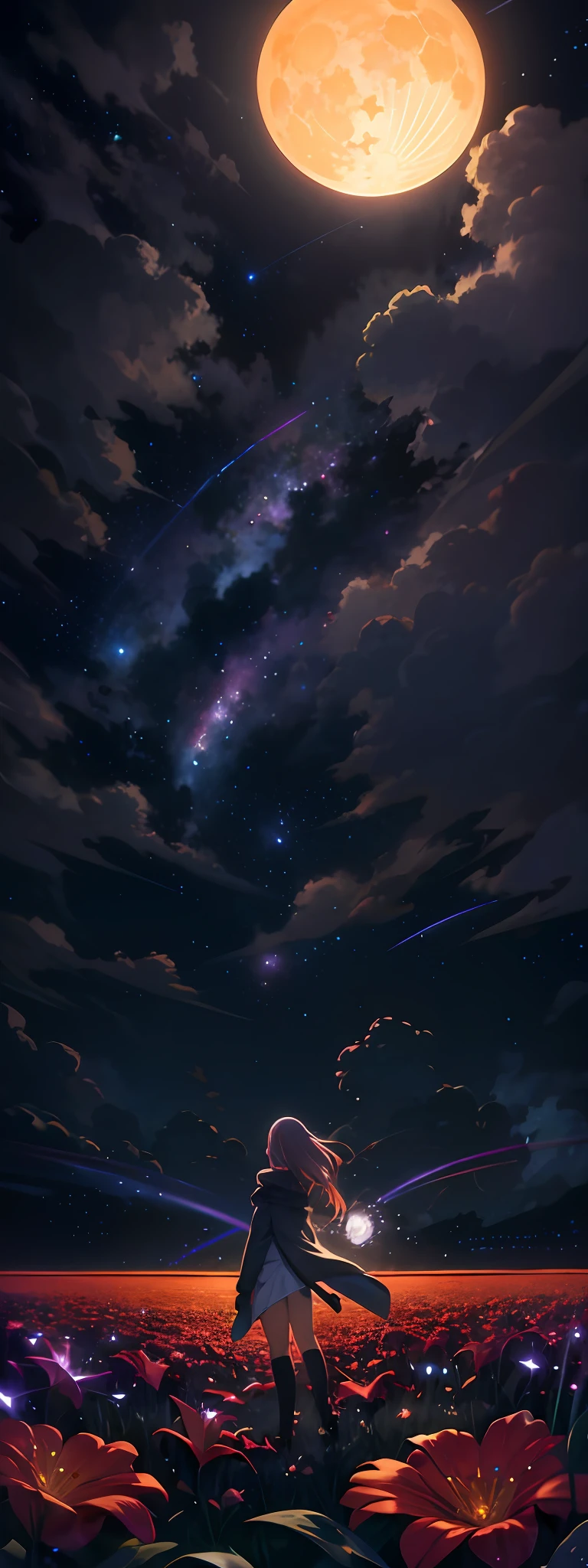 anime girl standing in a field of flowers under a full moon, Night sky; 8K, Starry Sky 8 K, Star(sky) Starry_sky, Anime art wallpaper 8 K, Starry sky, space sky, Cosmos Sky, galaxy in the sky, Cosmos Sky. By Makoto Shinkai, Anime art wallpaper 4k, Anime art wallpaper 4 K, background artwork