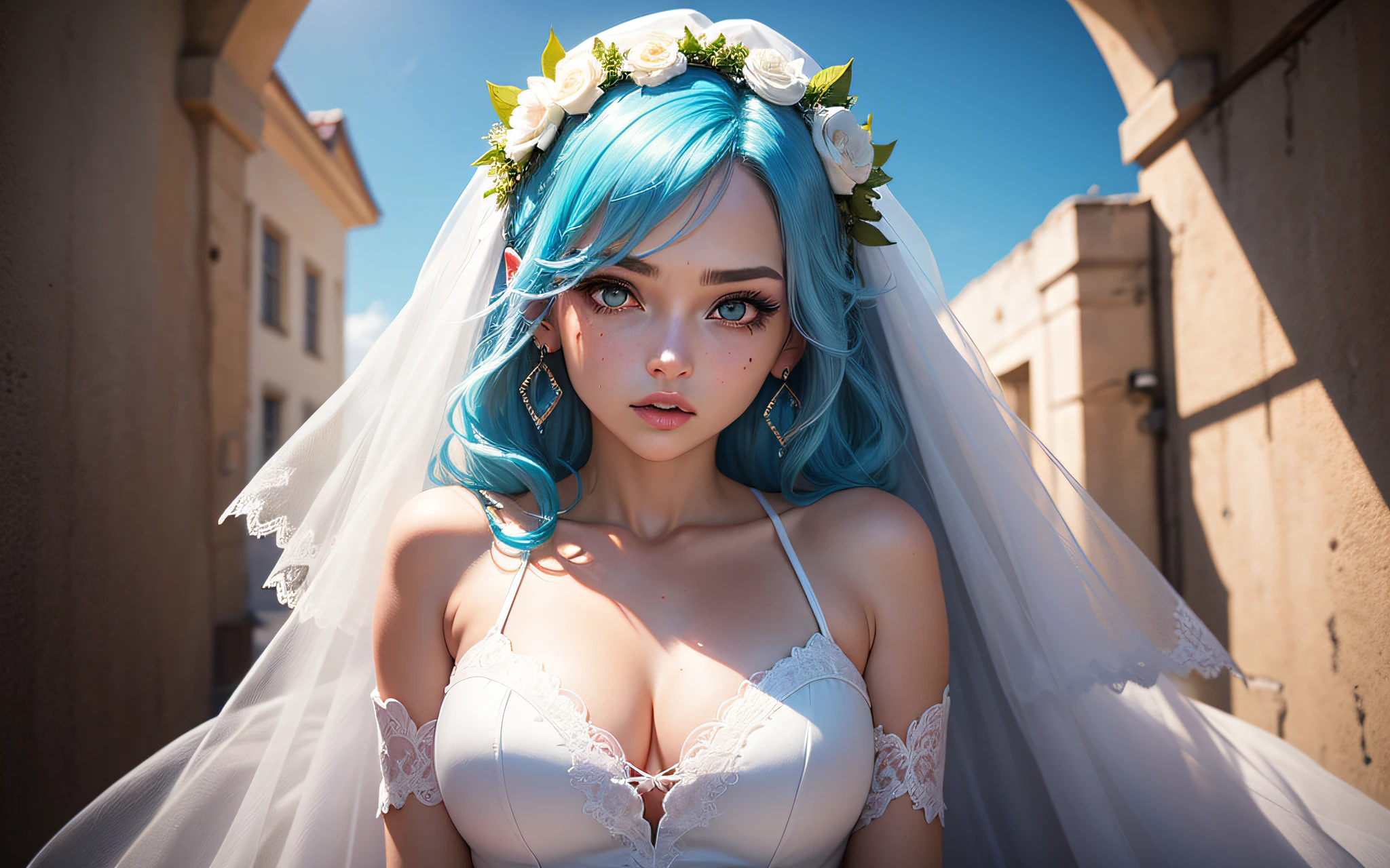1female,Blue hair, hair over shoulders, Hair moist widow peak, wedding gown, covering eyes, white hair ribbon, head wreath, Moles under eyes, Gradient eyes, aqua eyes, wide-eyed, long eyelasher, Earrings, Pout, Sony FE GM, surrealism, first person perspective, A high resolution,Wedding scenes,Blue sky scene