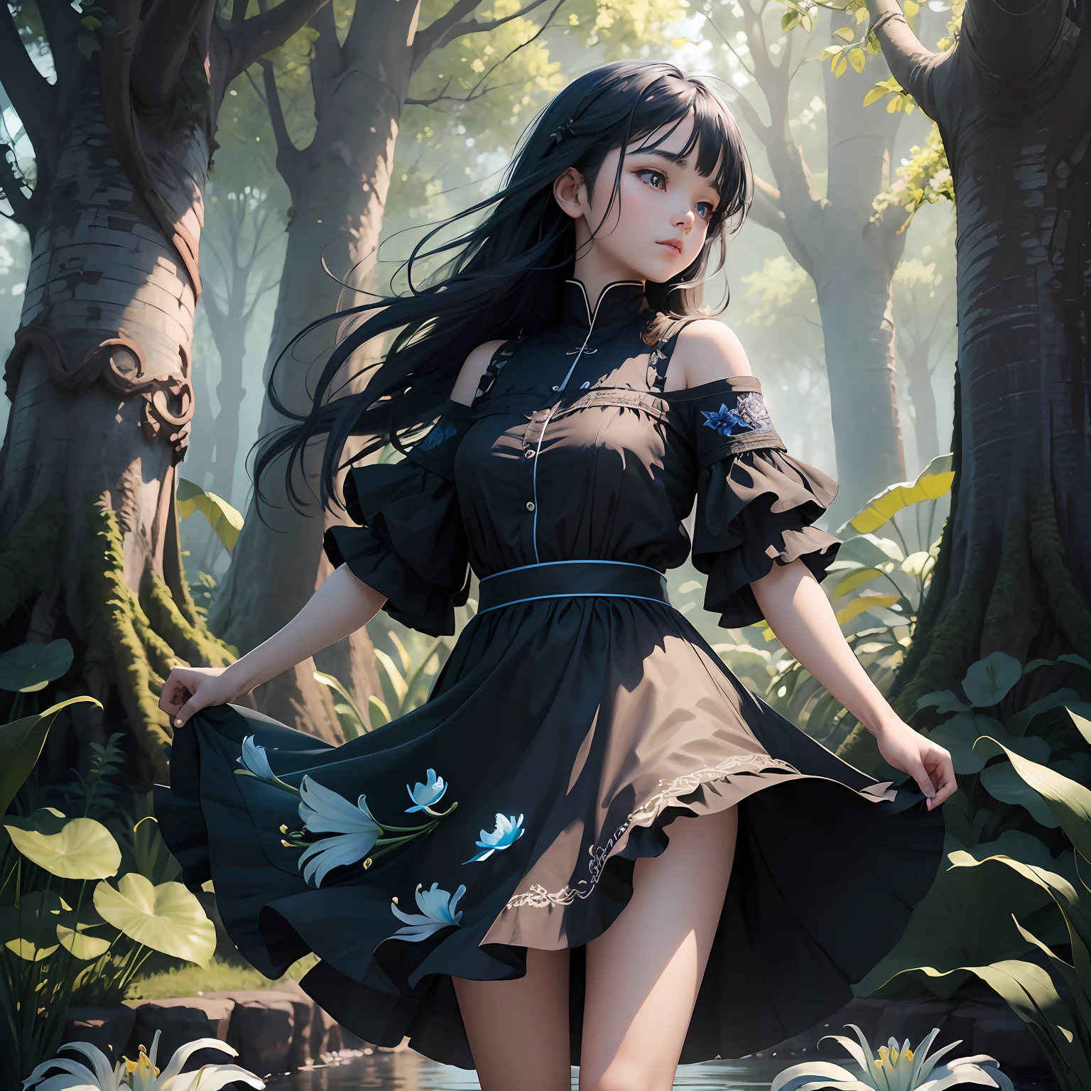 (Masterpiece), Best quality, Ultra-detailed, Extremely detailed Cg Unity 8K wallpaper, Floating, (1girll), (Blue Lily:1.2), (tree:1.2), high resolution. Black color hair --auto