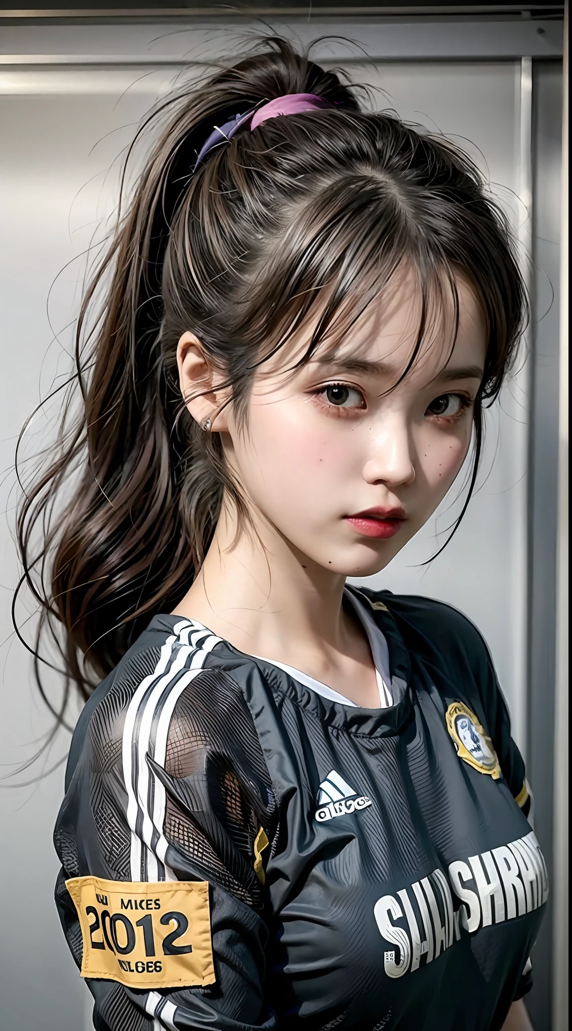 (IU:1.1)Beautuful Women，(black hair ponytail:1.3)Watch the camera，(Volleyball uniform:1.1)Sports and leisure，(tmasterpiece)best qualtiy，(realisticlying:1.2)ultra-realistic depiction。