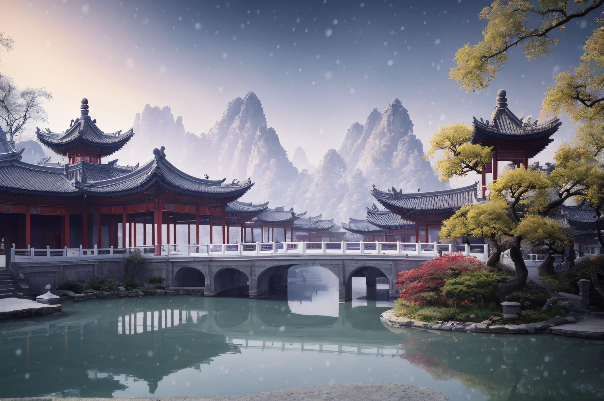 Masterpiece, best quality, high quality, extremely detailed CG unity 8k wallpaper, classical Chinese garden, landscape, amsterdam, winter, ((snowing)), outdoor, sky, daytime, landscape, water, tree, blue sky, waterfall , nature, lake, river, cloudy sky, award winning photography, bokeh, depth of field, HDR, bloom, chromatic aberration, photorealism, very detailed, trending on artstation, trending on CGsociety, intricate, high detail, dramatic, midjourney art