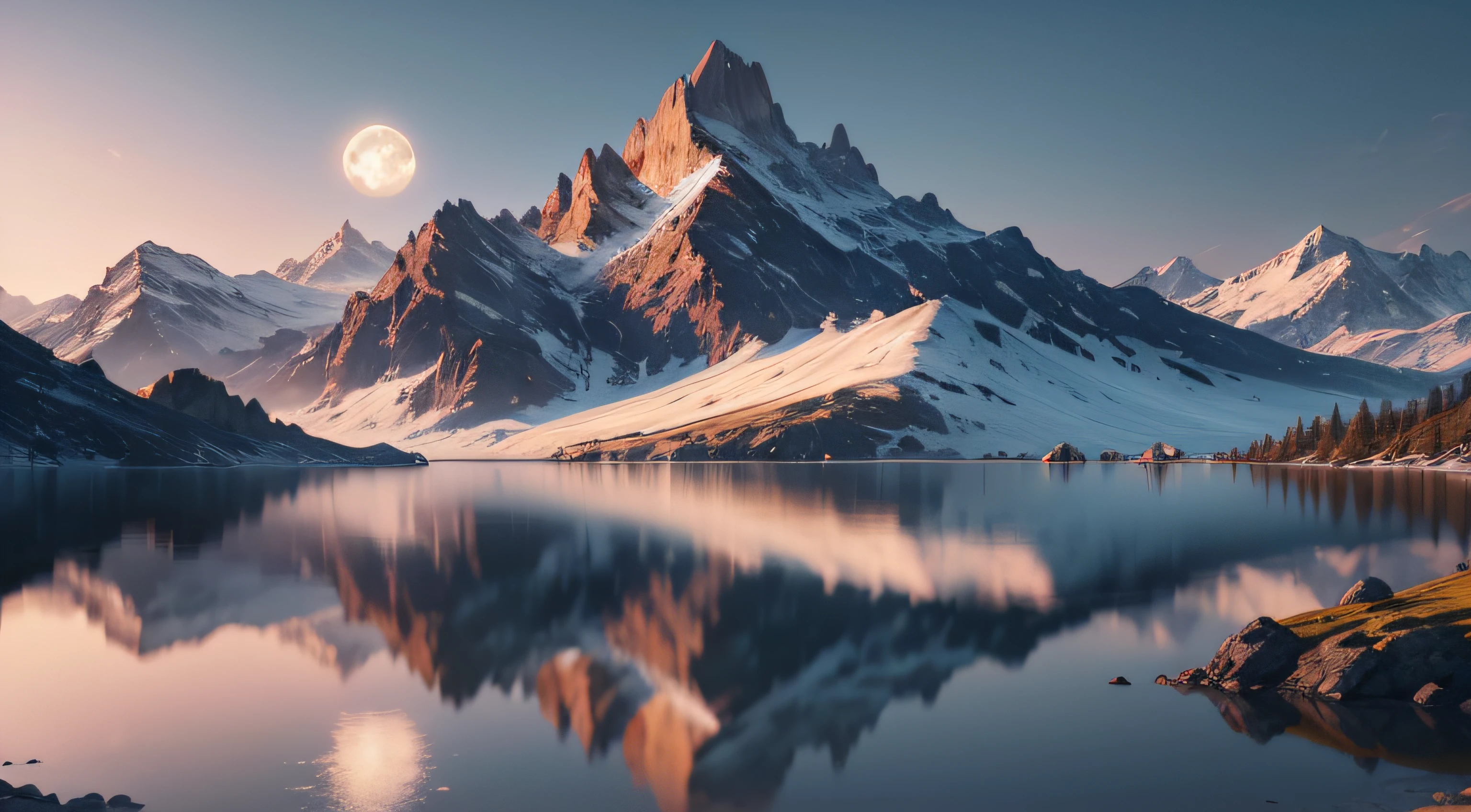 mountains and a lake with a moon in the sky, 4k highly detailed digital art, 4 k hd wallpaper very detailed, impressive fantasy landscape, sci-fi fantasy desktop wallpaper, unreal engine 4k wallpaper, 4k detailed digital art, sci-fi fantasy wallpaper, epic dreamlike fantasy landscape, 4k hd matte digital painting, 8k stunning artwork