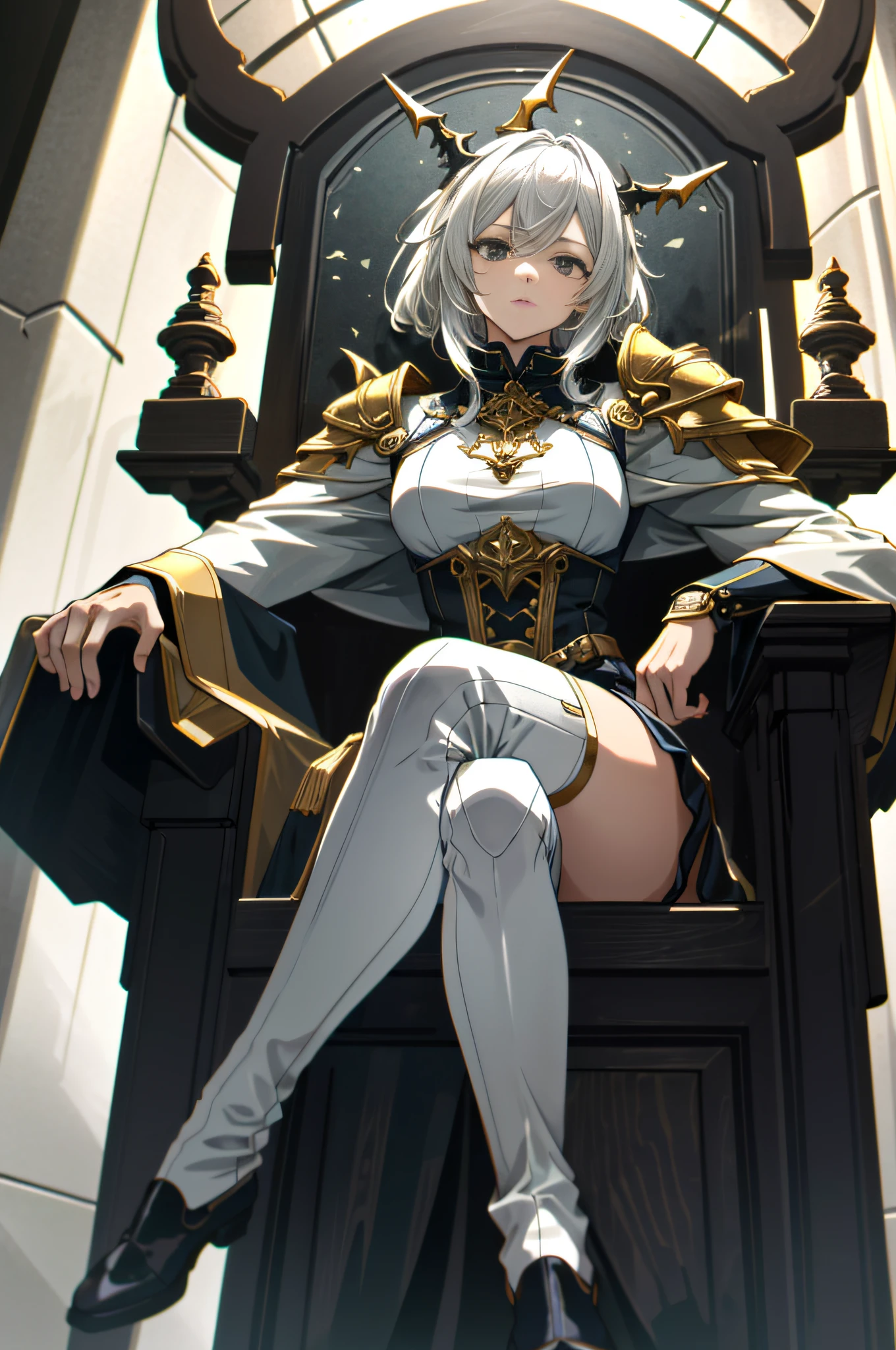 Anime girl sitting on the throne,Thick thighs,The background is the clock, Best anime 4k konachan wallpaper, sitting on intricate throne, sitting on a metal throne, perched on intricate throne, Seated on an ornate throne, in a throne room, lying a throne in a fantasy land, From Arknights, Sitting on a throne, Sit on a pitch-black throne,white hair, silver hair, gradient hair, blonde hair, chiaroscuro, cinematic lighting, motion blur, ray tracing, god rays, image fill, Cubism, Verism, high detail, vanishing point, perspective, UHD, masterpiece, retina, masterpiece, anatomically correct, textured skin, high details, award winning, highres, best quality, high quality, super detail