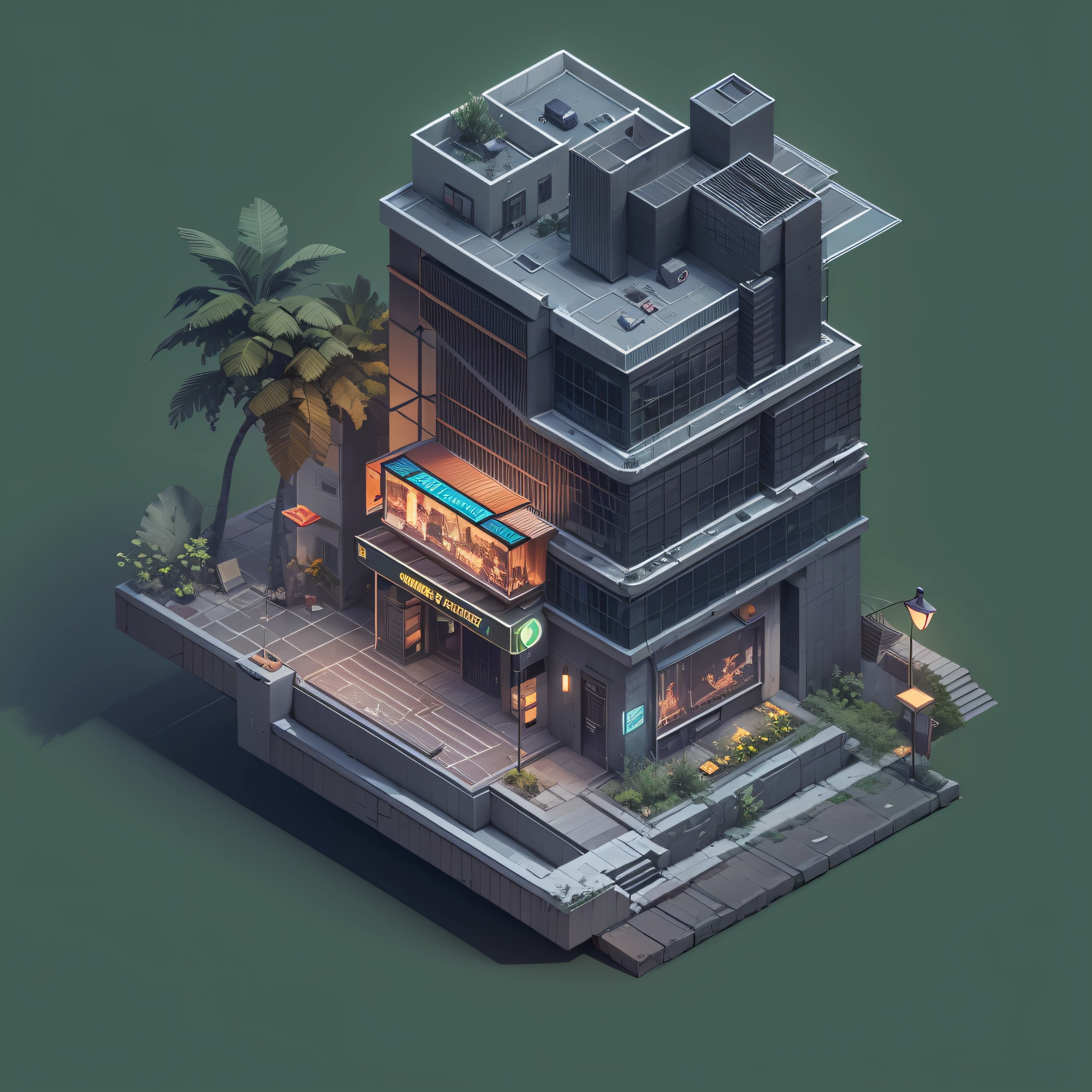 Isometric, overlooking 45 degrees,  SLG game building, single building, ktv nightclub, gray background, concept art, Octane rendering