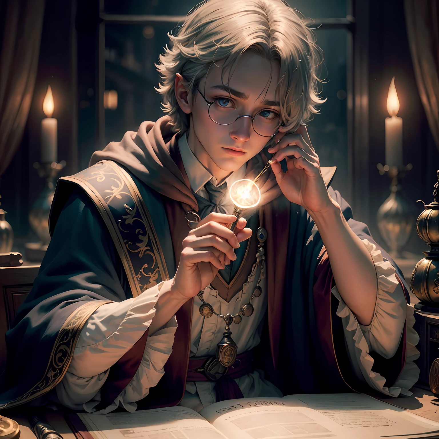 portrait of harry potter,Tailor-made wizard robes,Mystic style,ellegance,Glowing magic lamp,highly detailed digital painting,Artistically,concept-art,Smoothness,tack sharp focus,illustratio,(highdetailskin:1.2), 8K UHD, digital SLR camera, gentlesoftlighting, high high quality, filmgrain, Fujifilm XT3 Mix 4,Junior model,Silver and blue wizard robes,Handsome, years old,holding wands,Hogwarts,European castle,Magic Array,natta, Bokeh, depth of fields,Full body like,best qualtiy, intricately details, Detailed eyes,Fall into deep thought, tmasterpiece, filmgrain, 1980s, kodakchrome, flashlights