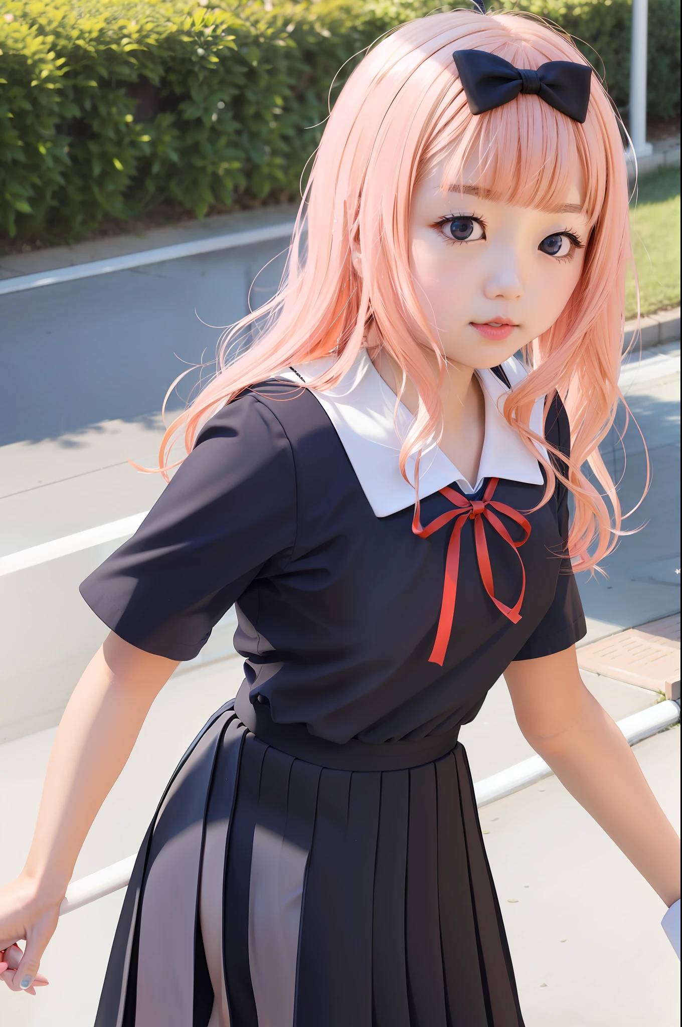 fujiwara chika、top-quality、ultra-detailliert、​masterpiece、独奏、girl with、light peach-colored hair、School uniform、White collar with red ribbon、Black school uniform。