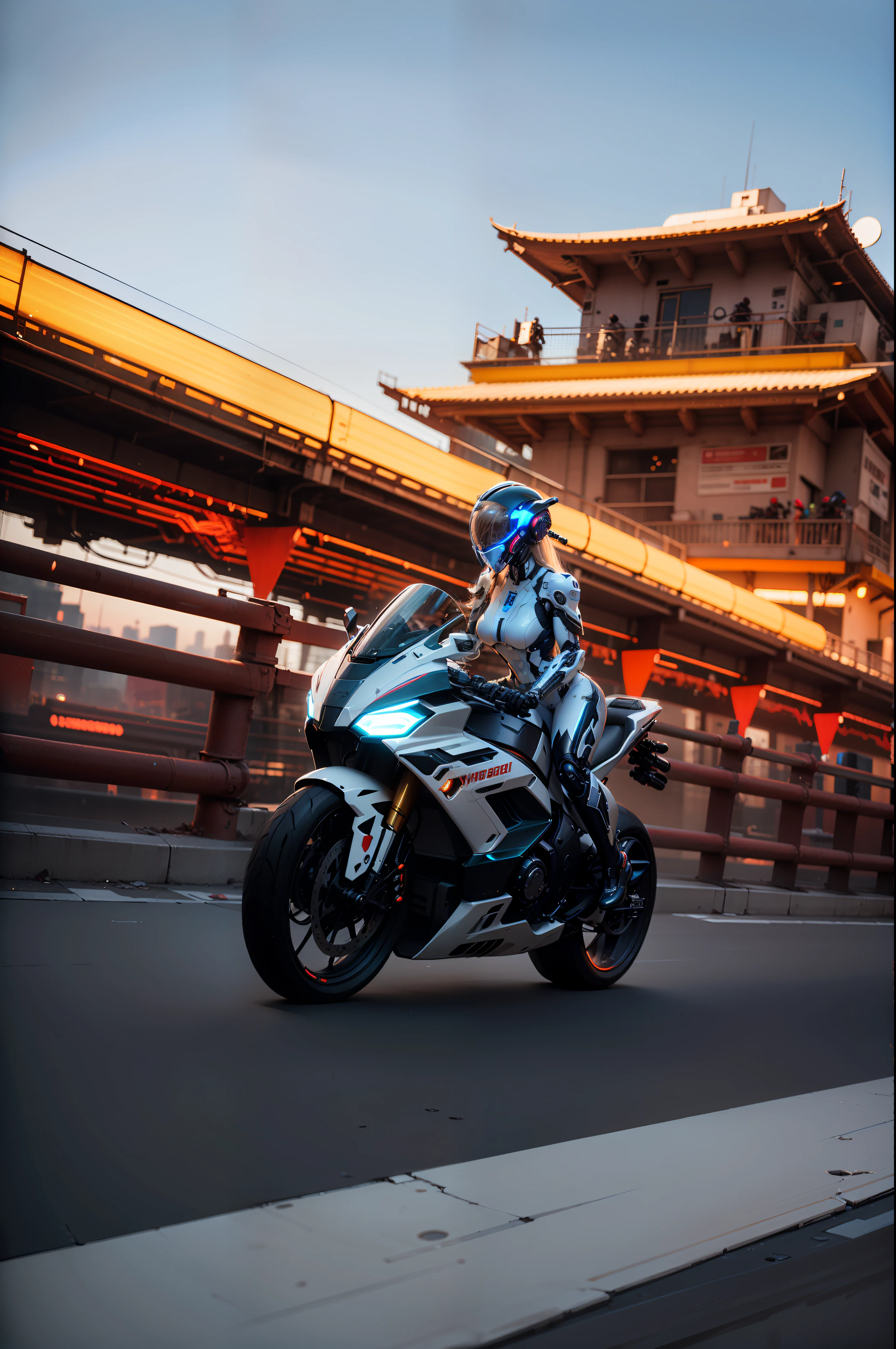 Sexy Cyber Warrior,Long flowing blonde hair,White cyberpunk high-tech mech costume,White cyberpunk faceless helmet,Biomechanicals, MSHN Robot Woman,High-tech helmet,hyper realisitc, Steel, Complex design, insanely details, finely detailled, Extremely clear lines, cinmatic lighting, photograph realistic, A detailed masterpiece