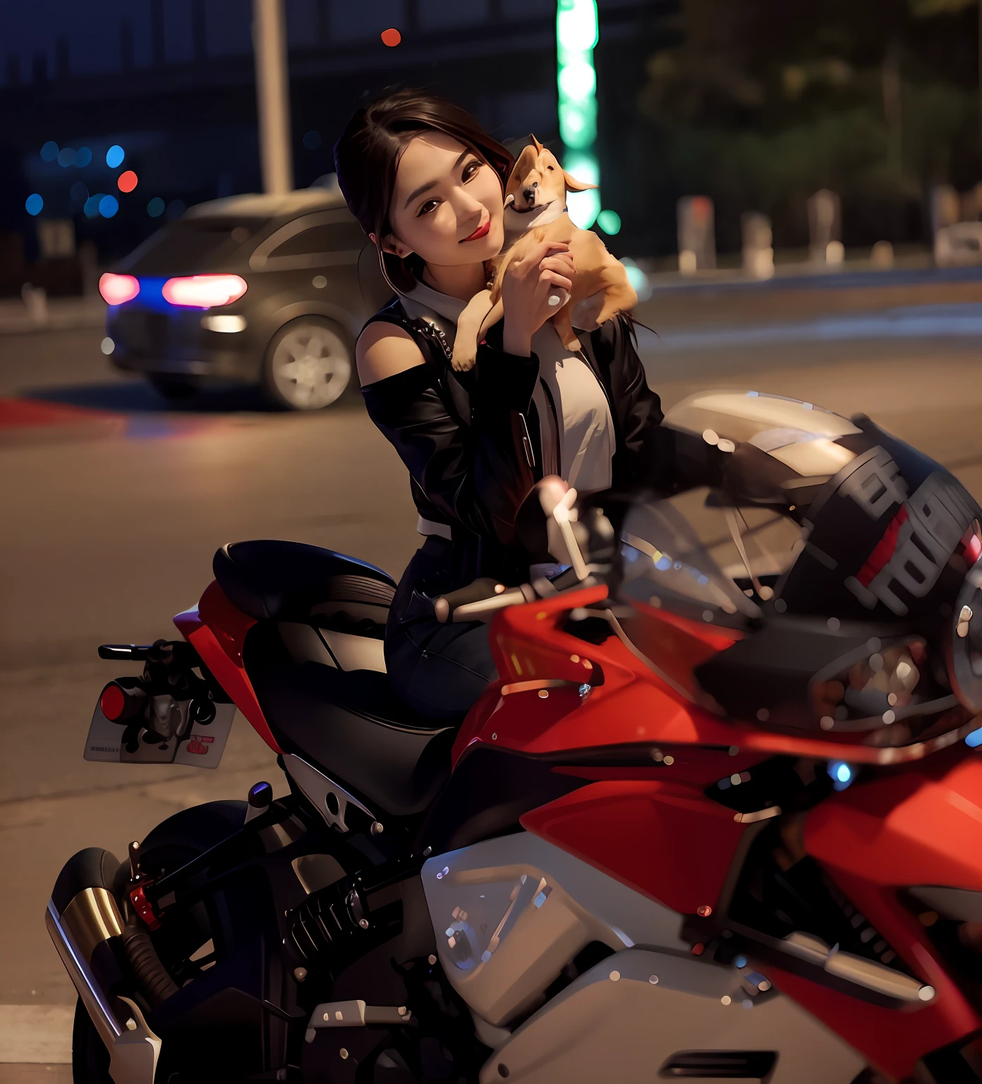 Woman on a red motorcycle,Woman with perfect body shape,sitting on the motorcycle, Holding a dog in his hand,sitting on cyberpunk motorbike, shaxi, riding a motorcycle, by Ni Yuanlu, Cute woman, motorcycle
