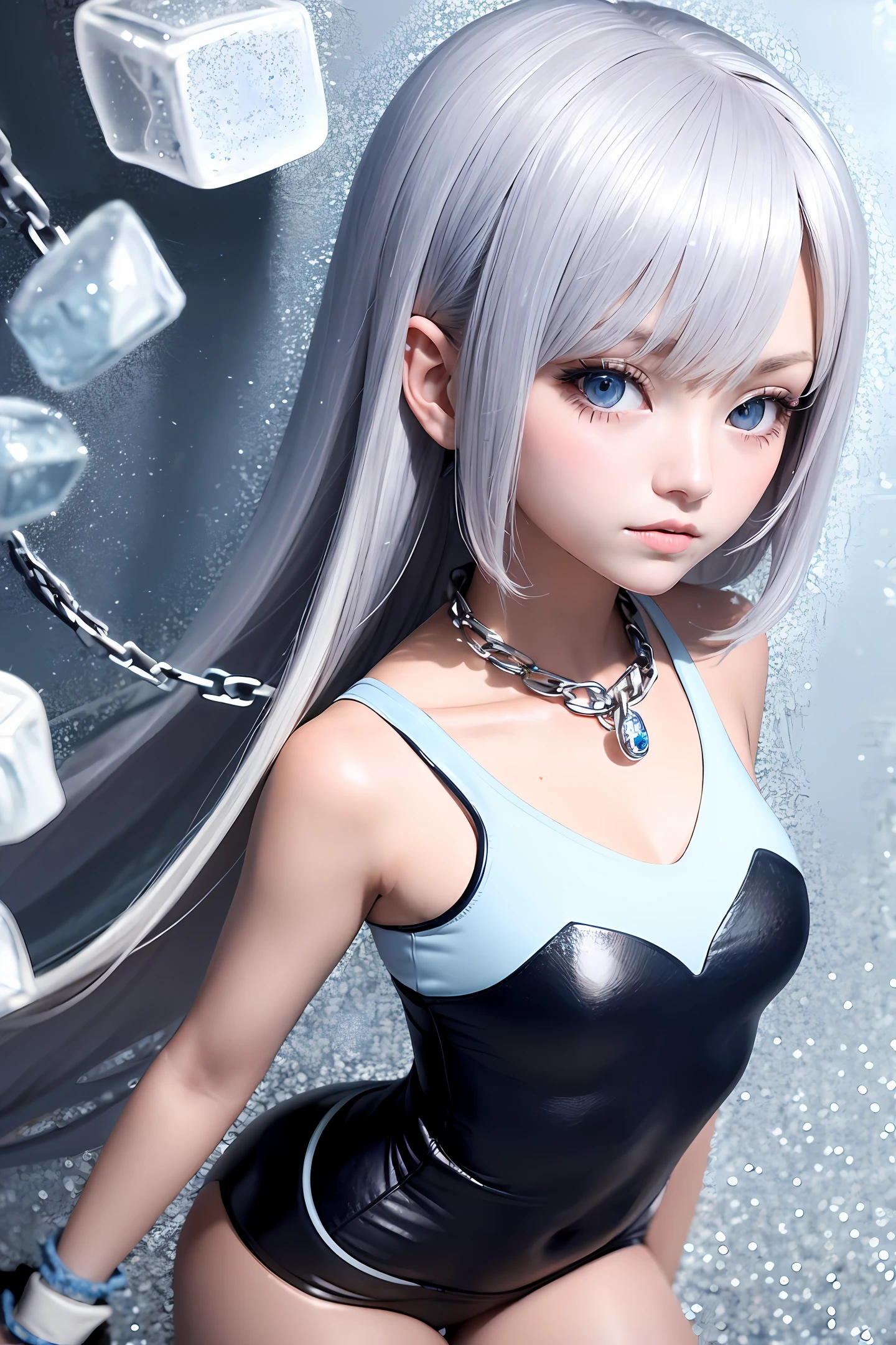 silver-white long hair，Light blue eyes，Has a princess temperament，Ice girl，style of anime，Ice walls and crushed ice blocks in the background，There are several chains around it