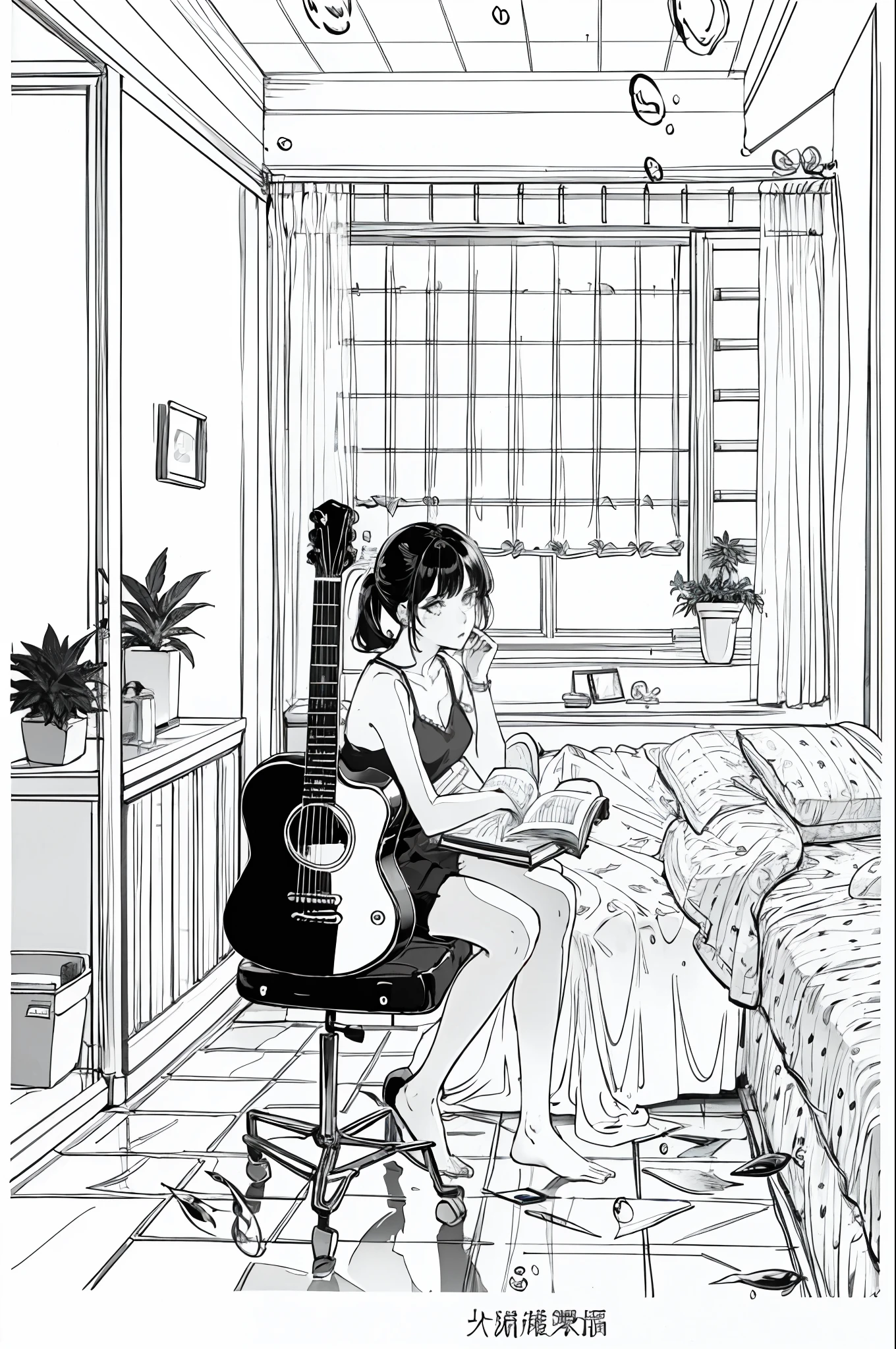 lineart, 
1girl, 独奏, black hair, holding, sitting, pony tail, Shorts, Indoors, pouch, a cup, book, Window, bed, chair, phone, stuffed toy, Scarecrow, plant, Curtains, instrument, a table, camisole, fish, Cannabis, bubble, undersea, watch, Guitar, air bubble, bed room, shelf, calendar (object), coral,