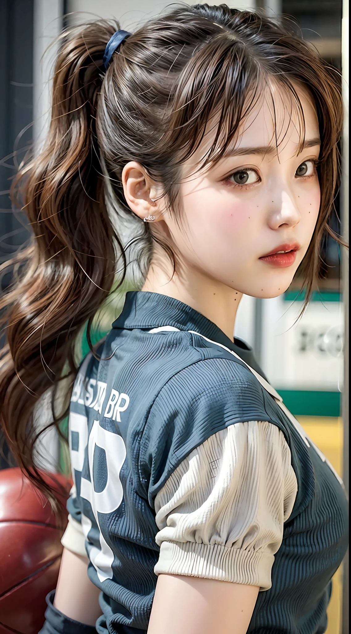 IU， Beautuful Women，little breast， （brunette color hair），pony tails，Volleyball uniform  （looking at the camera in）， tmasterpiece， best qualtiy， （photograph realistic：1.2）