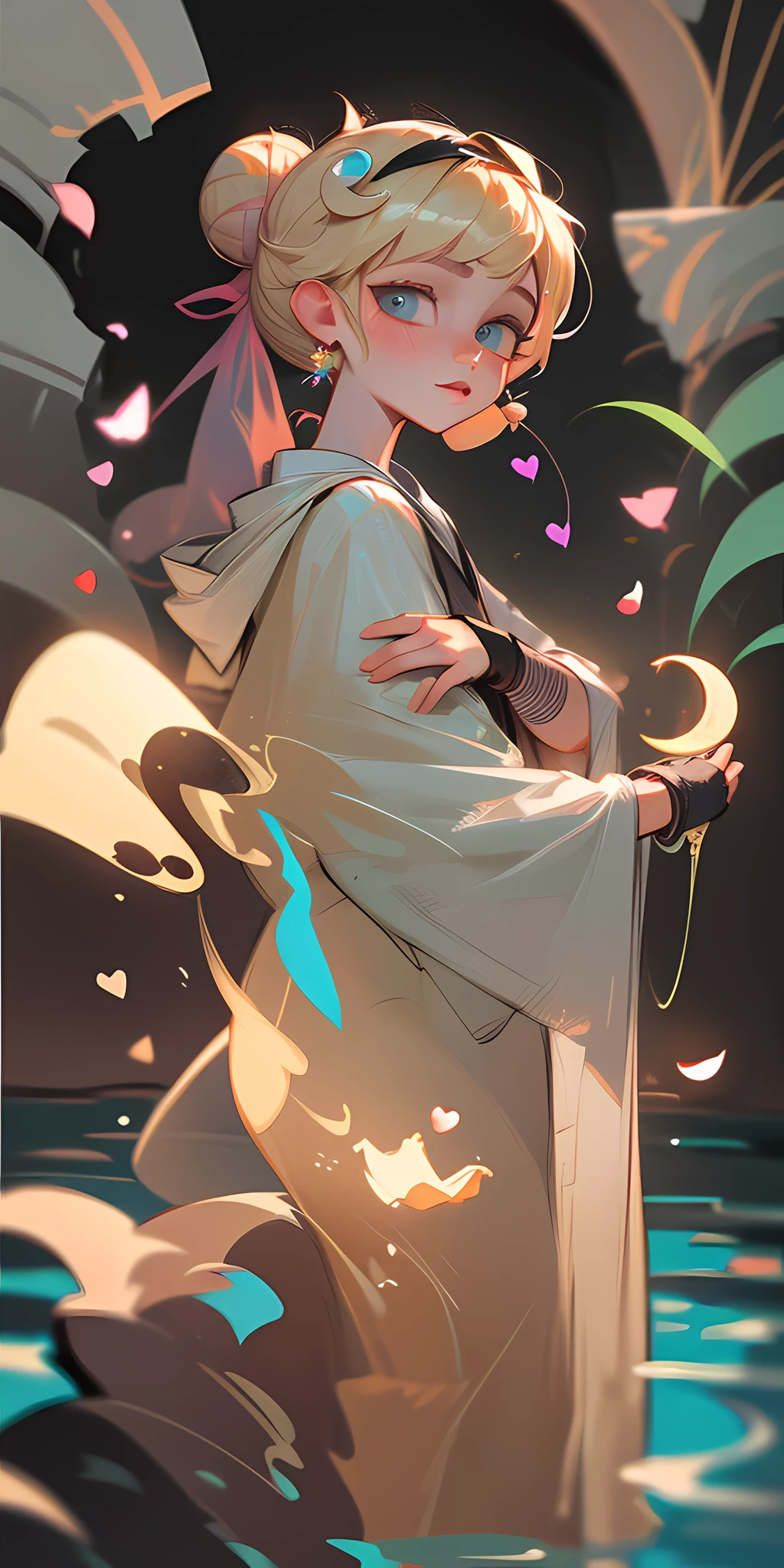 masterpiece, best quality, extremely detailed CG unity 8k wallpaper, Volumetric Lighting, Best Shadows, best Depth of Field, 1girl, solo, blonde hair, long hair, half updo, silver magic robe, black tunic, hair ornament, heart, diamond hairband, holding, balance scale, fingerless gloves, Stunningly Beautiful Girl,(delicate eyes), (ignorant face) , looking at viewer, stepping into the pool, stone stairs, wading pool, riverbank, flowery, butterflies, ((flying petal)), (crescent moon), moonlight, potted plant, night