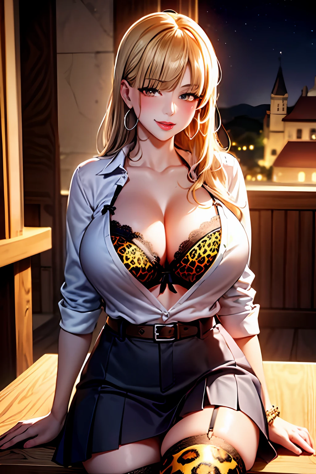 shoujo-style, ,1girl, solo, blonde hair, detailed body , (detailed face:1.1), (perfect eyes), (big breasts:1.3), thick eyelashes, long eyelashes, (blunt bangs:1.2), perfect dynamic composition, (gyaru:1.2), cleavage, jewelry, earrings, open clothes, tied shirt, tented shirt, unbuttoned shirt, bra peek, lace-trimmed bra, (leopard print:1.2), belt, pleated skirt, lace-trimmed legwear, garter straps, see-through, hoop earrings, gal, evil smile, seductive smile, blush, seductive pose, (seductive smile:1.4), thick lips, (huge lips:1.2), (massive lips: 1.2), (parted lips:1.2), (thick lips:1.4), castle, night sky
8k, 4k, Masterpiece, Best Quality, fantasy, extremely detailed, intricate, hyper detailed, detailed eyes, (perfect face), illustration, soft lighting, (specular lighting:1.2), (shiny skin, gleaming skin), looking at viewer,