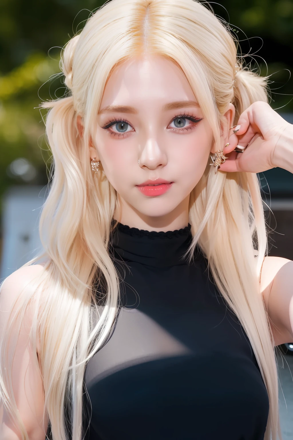 (8k, 4k, best quality, highres, ultra high res:1.1), (masterpiece, realistic, photo-realistic:1.1), 1girl, face, close-up, twintails, blonde hair, black eyes, red lips, (looking at viewer:2), absurdly long hair, long eyelashes, eyeshadow, small face, big eyes,
bare shoulders,
high contrast,