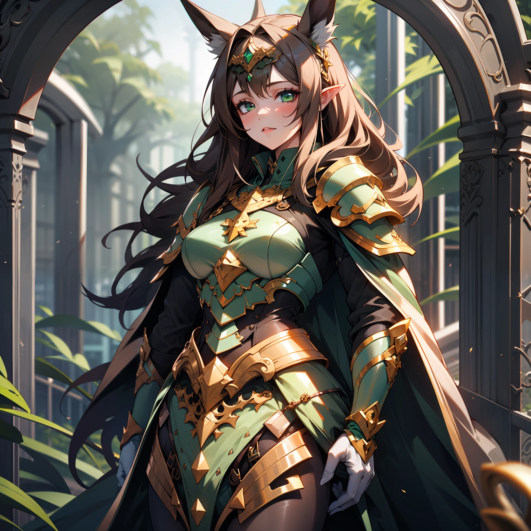 A girl, a druid, Short wild brown hair, Dark fantasy, Detailed dark green armor, Detailed green sickle, And a horse