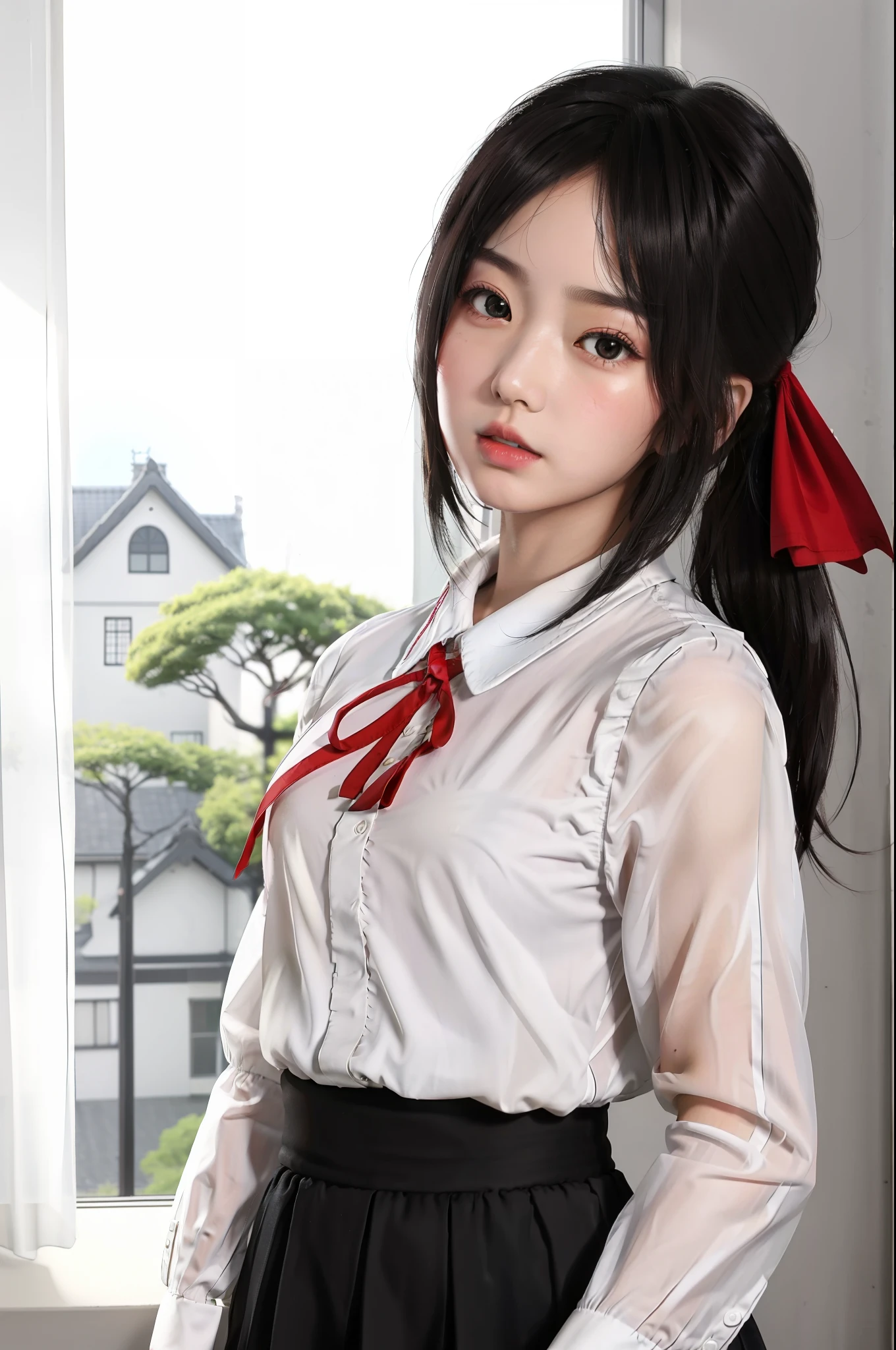 top-quality、high-level image quality、​masterpiece、ultra-detailliert、独奏、girl with、White background、Delicate Eyes、shuuchiin_academy_uniform、Shinomiya_Kaguya、reddish_bow ribbon、A black_The hair、Break_poneyTail、hair_bow ribbon、deep red eyes、bangss、A black_doress、Eyebrows transparent、side locks、Prime amount