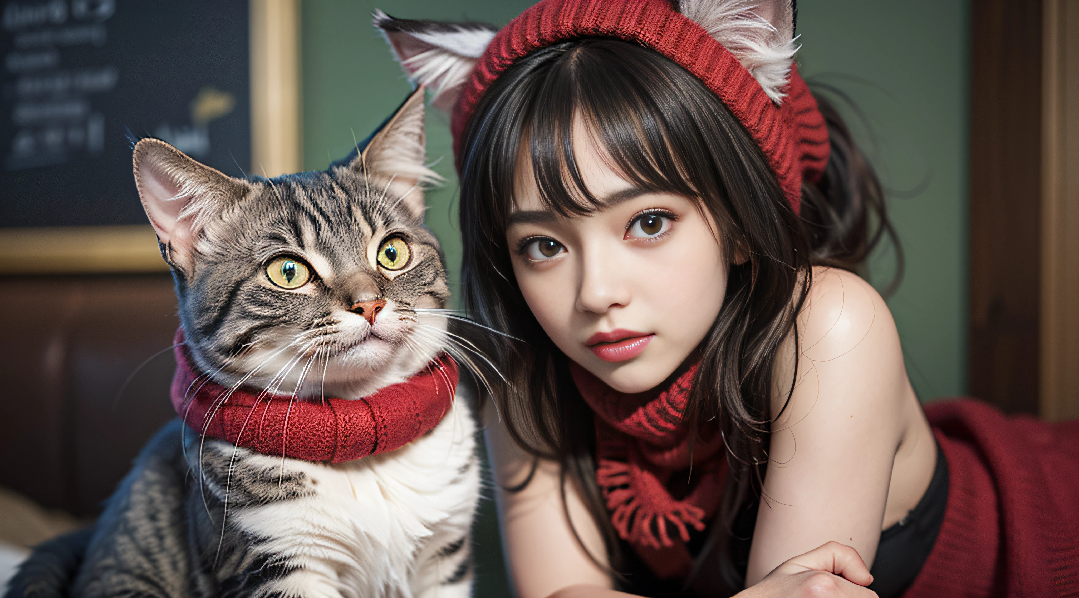 Cartoon cat with a red scarf and stars on his head, Cartoon cats, Realistic cartoon cat, Beautiful cartoon cat girl, Cartoon visuals of cute cats, The popularity of Pixiu, Cute cartoon cat girl, Very nice cartoon cat girl, Digital art on Pixiv, Guvitz at the Pissef Art Station, ArtStation Pixiv
