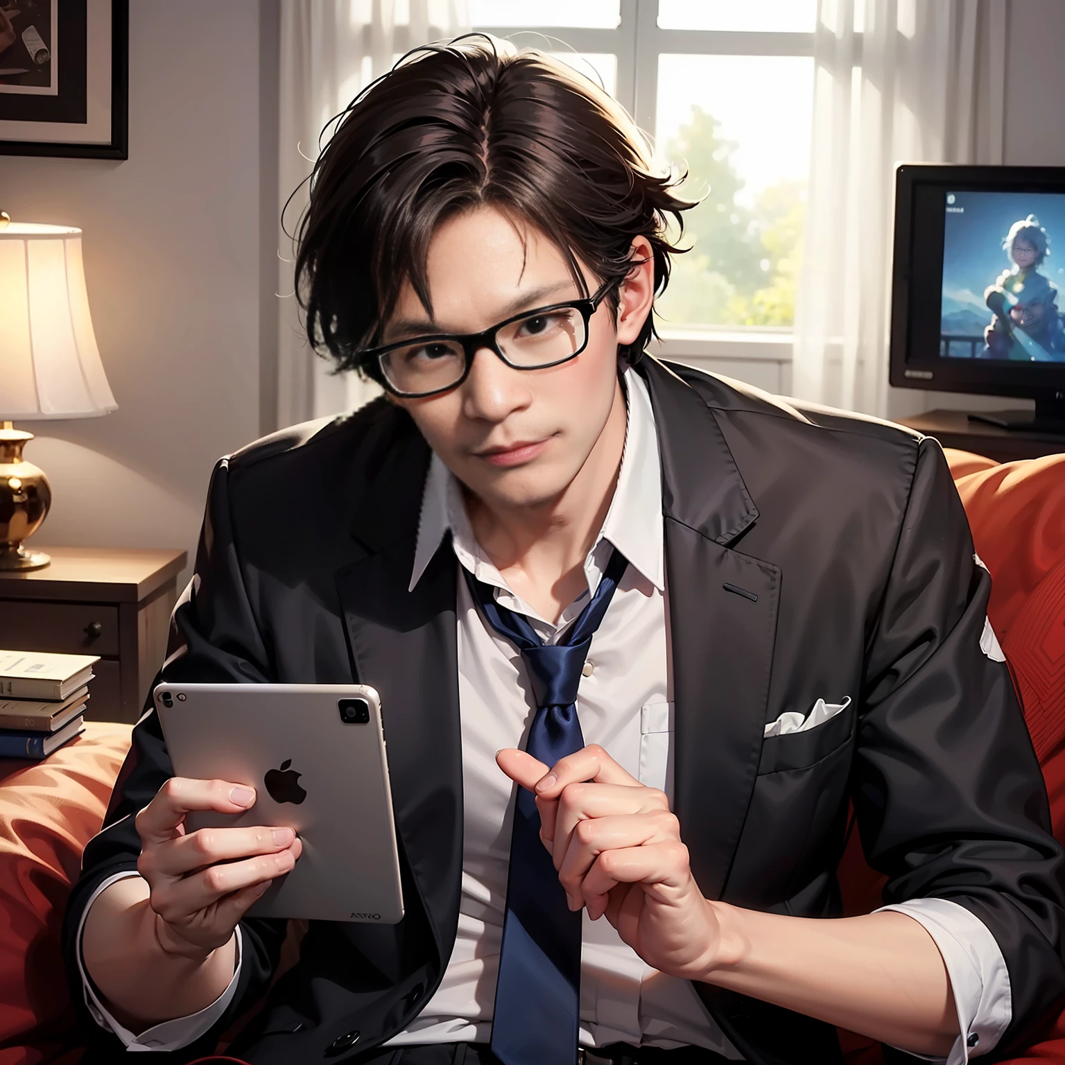 TV Anchor，A man holds a tablet，There is a cat and a cat doll on it，Range Murata and Artgerm，Artgerm JSC，Masayoshi Suto and artgerm，official character illustration，ArtGerm和Ben Lo，artgerm and ilya kushinov，Stephen Lau和ArtGerm，world boss kitten，Mobile game art，TV Anchor，Bust portrait illustration，Alone，Black formal suit，a blue tie，The face is slightly chubby，Silver glasses，The face was clean，without a beard，Black super short hair，Black eyes，Smile confidently，3C computer sub-products，iPad， iphone，Digital painting，3D character design by Akira Toriyama and Mark Claireden and Pixar and Hayao Miyazaki，The illustration is a high-definition illustration in 4K resolution，With very detailed facial features and cartoon-style visuals。