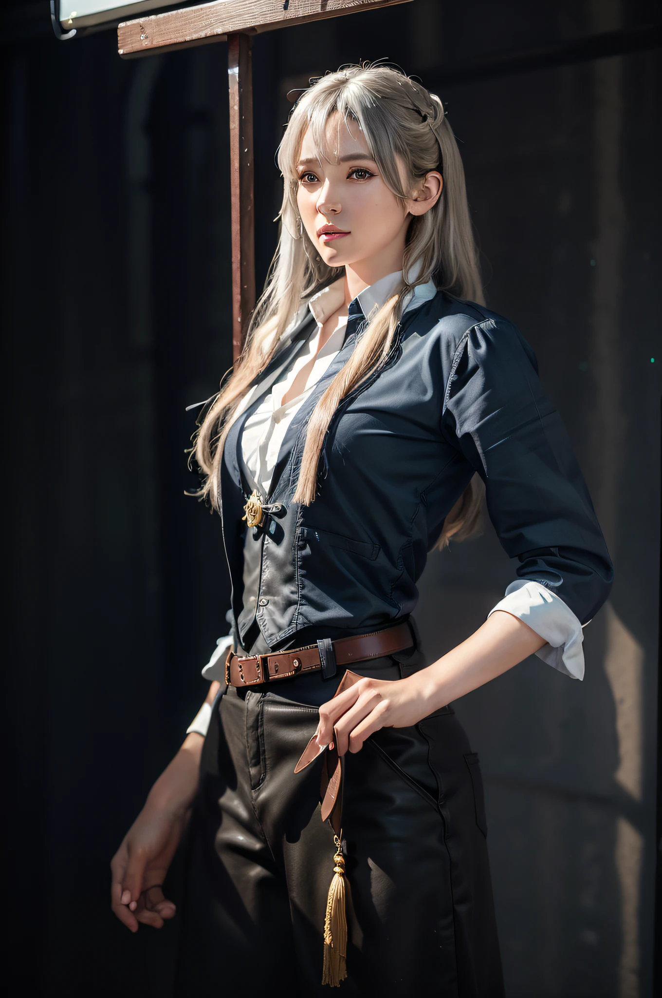 Hyperrealist portrait of female by david hockney and alphonse mucha,fantasy art, photo realistic, dynamic lighting, artstation, poster, volumetric lighting, very detailed faces, 4 k, award winning,, 1girl, in the dark, deep shadow, low key,cowboy shot,(official clothing:1.4) ,long hair,white hair,