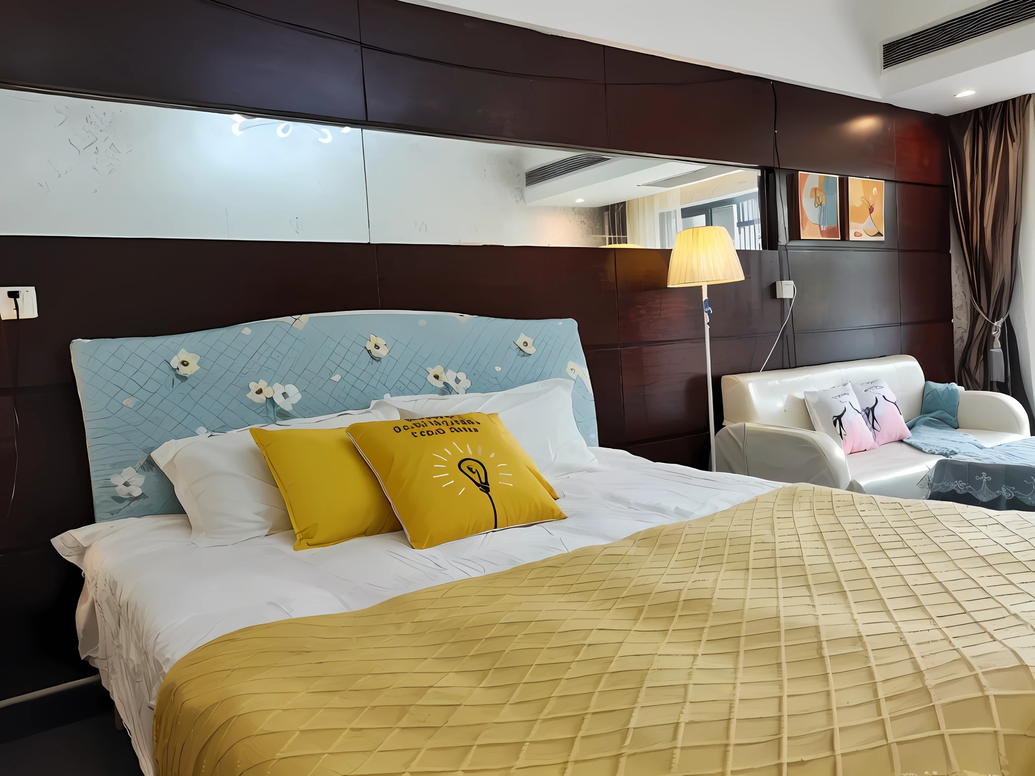 There was a bed with a yellow quilt and a white chair, Bed room, a sunny bedroom, furnished room, large comfy bed, 2 4 mm iso 8 0 0 color, The room was noisy and convivial, 2 4 mm ISO 8 0 0, cute room, filled with natural light, Can see the other bedrooms, Bright room, blue and yellow theme