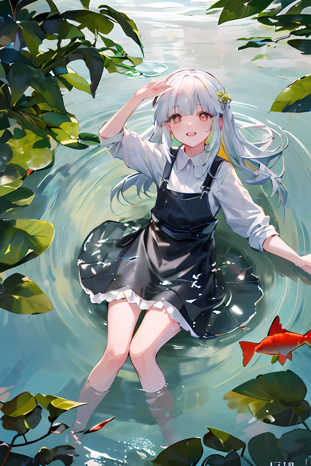 Kamisato Ayaka fandom,swim wears,small stream,Green Mountains and Green Water,The water is rippling,Water stains on clothes,White hair high ponytail