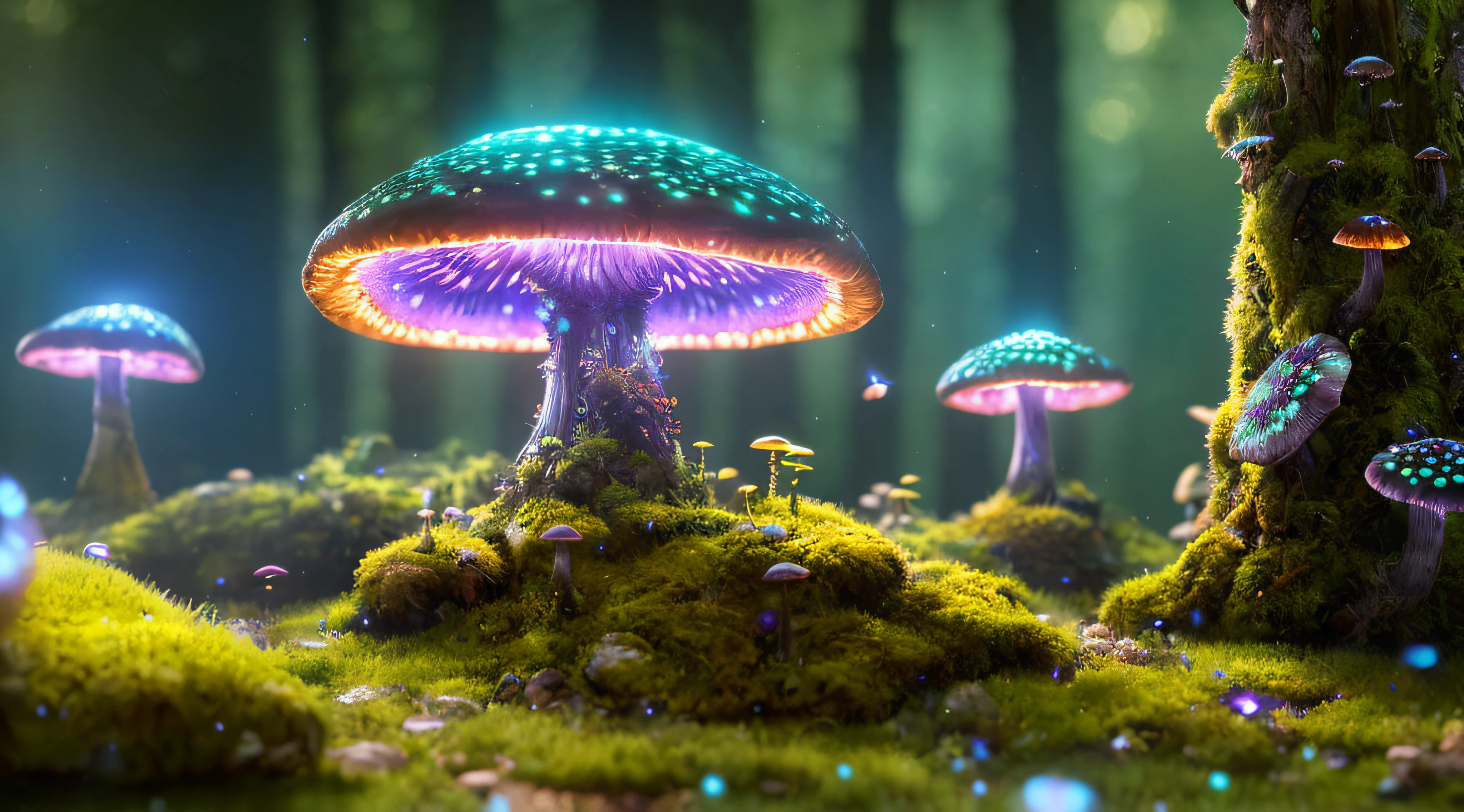 (highly detailed:1.2),(best quality:1.2),8k,sharp focus,(subsurface scattering:1.1)
(glowing magic bioluminescent mushrooms:1.2),psychadelic magic particles inthe air,  (neon bioluminescent mushroom forest at night:1.2), (magical fireflies:1.2)
(very detailed trees and rocks and moss:1.2), (highly detailed background:1.3), RPG, Elden Ring style, (fantasy:1.3),(hyperrealistic:1.2), cinematic lighting, highly detailed, artstation,smooth, sharp focus, artgerm, greg rutkowski, alphonse mucha, editor's pickup, trending on artstation, trending on deviantart, wlop