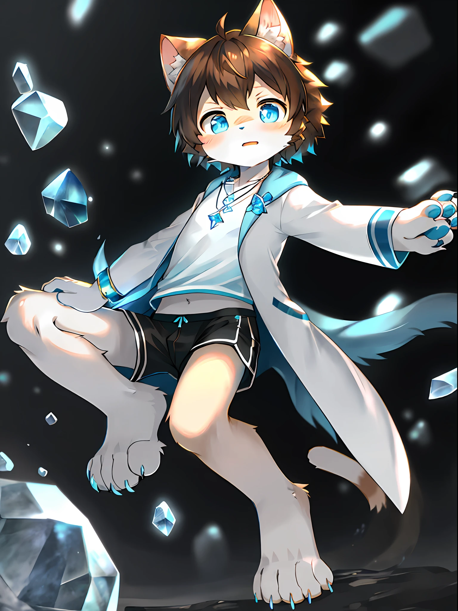 Beast too,Juvenile cats,Moe and energetic beasts,Brown hair with blue pupils,Clear eyes,Bright eyes,energetic,adolable,One paw clenched and raised,The other paw is raised in front of the chest,Blue crystal necklace,Wrist watch,White coat,The white underwear is printed with a cat's claw pattern,Black shorts,The barefoot,Clear small stone drift,Full of life。