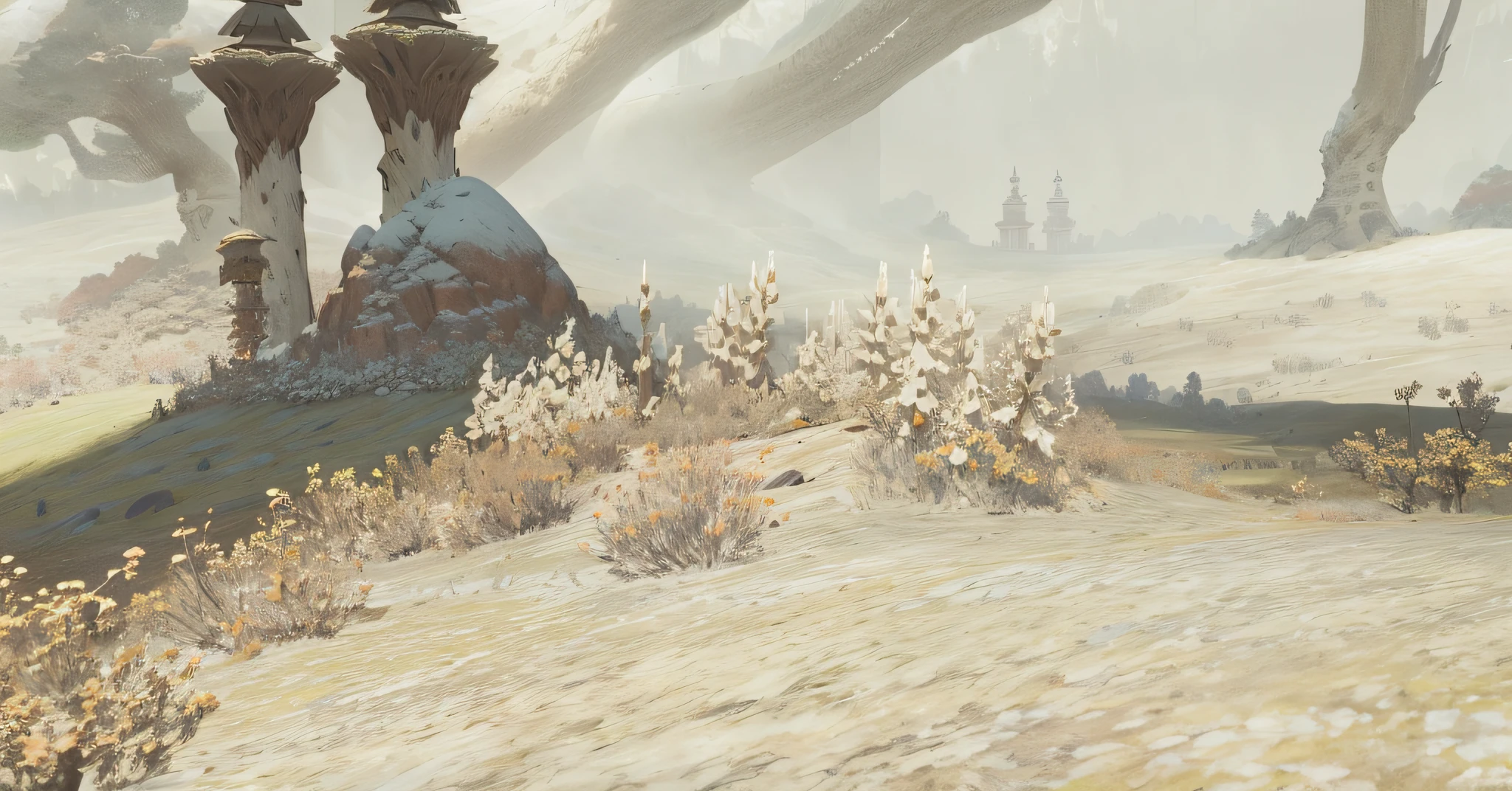 The middle scene is a desert where strange mushrooms grow。In the distance, The sky winds,Huge tree roots, There is also a picture of a forest scene,There are a lot of trees, FFXI, final fantasy 1 4 screenshot, From Lineage 2, A scene from the《Chronicles of the Blade of the Other》, alien forest in background, looming over a horde of gold, on an alien grassland, green cyrodiil plains, beautiful screenshot, invading army background, Snowy plains, from guild wars