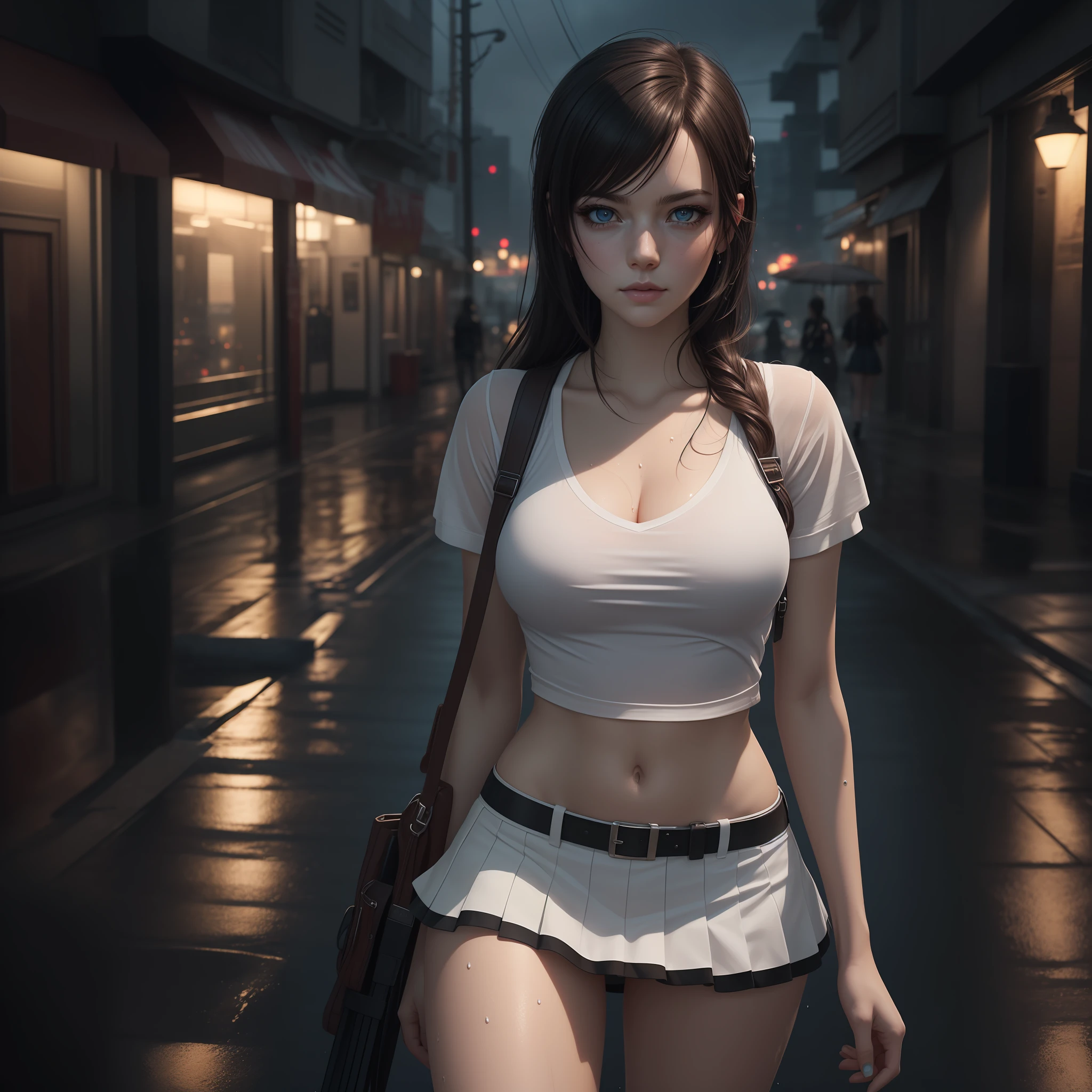 Photorealistic,Realistic illustration in Manga style,((Masterpiece)),((Best quality)),((Ultra detailed)),((1girl)),((only)),((waifu:1.5)), Perfect anatomy,Cute_face,Exceptionally Beauty waifu Emma Stone as Tifa Lockhart Final fantasy 7 remake,in School girl uniform cosplay,wet clothes,white T-shirt,sailor miniskirt,black socks,light-red_eyes,wavy hair,eyeliner,cute makeup ,((Perfect Detailed Eyes)),Cyberpunk City,rainy outside,night,((Extremely CG Unity 8K Wallpaper)),Intricate Detailing,Extremely beautiful and aesthetic,Octane Rendering,Full Body Portrait,damp skin,( (Perfect Detailed Body)),