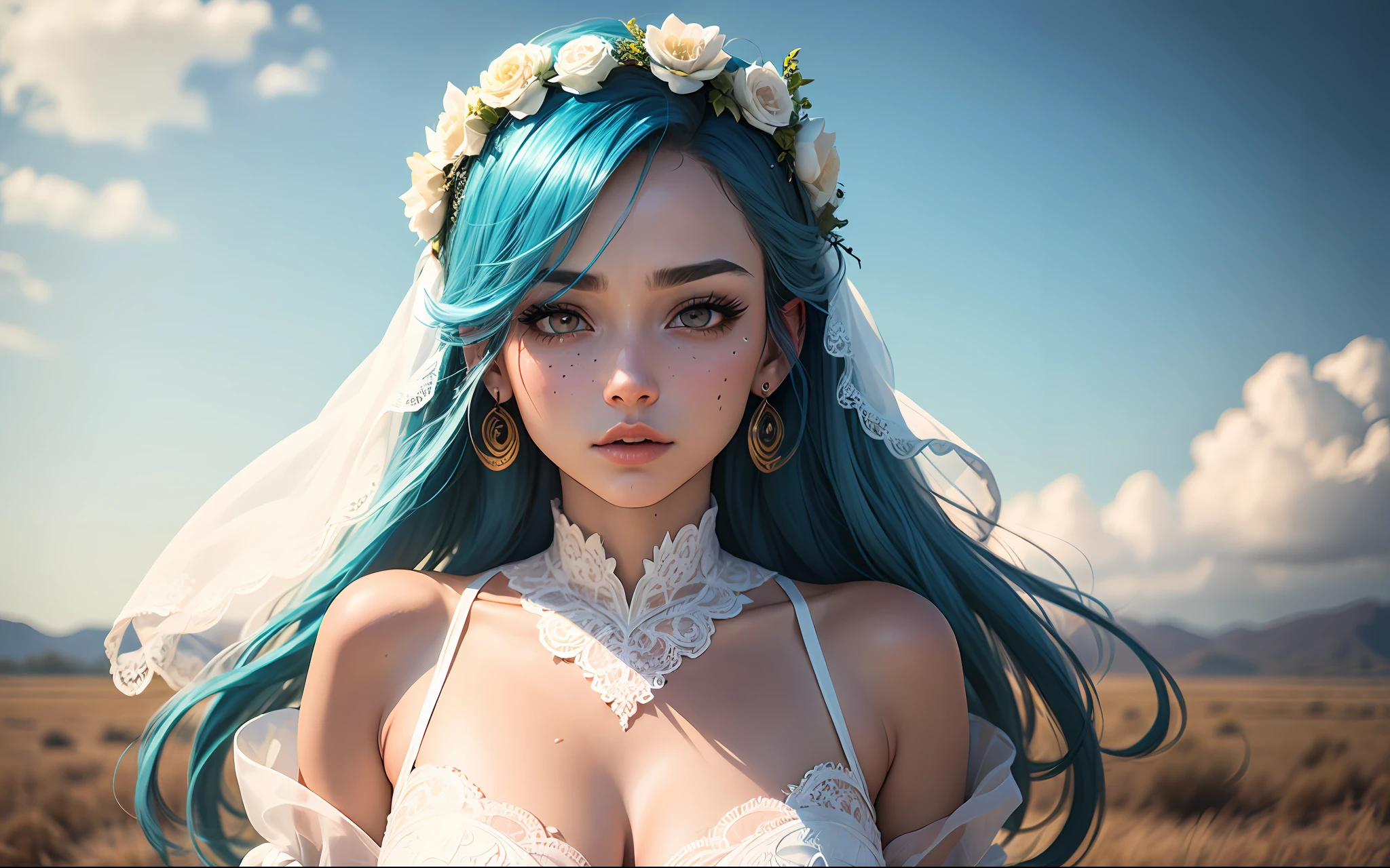 1female，Blue hair, hair over shoulders, Hair moist widow peak, wedding gown, covering eyes, white hair ribbon, head wreath, Moles under eyes, Gradient eyes, aqua eyes, wide-eyed, long eyelasher, Earrings, Pout, Sony FE GM, surrealism, first person perspective, A high resolution，Wedding scenes，Blue sky scene，Empty steppe scene