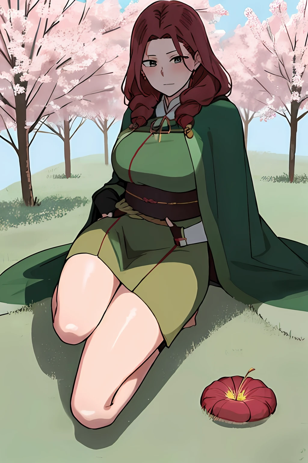 NTRman, ntrman style drawing, deep shadows, shadow, anime character with long red hair and green dress, illustrious makinami, sakura haruno in slug sage mode, draped in fleshy green and pink, !!full body portrait!!, haruno sakura, sakura haruno, full body close-up shot, with cape, with a green cloak, shuushuu anime image, ((wearing aristocrat robe))