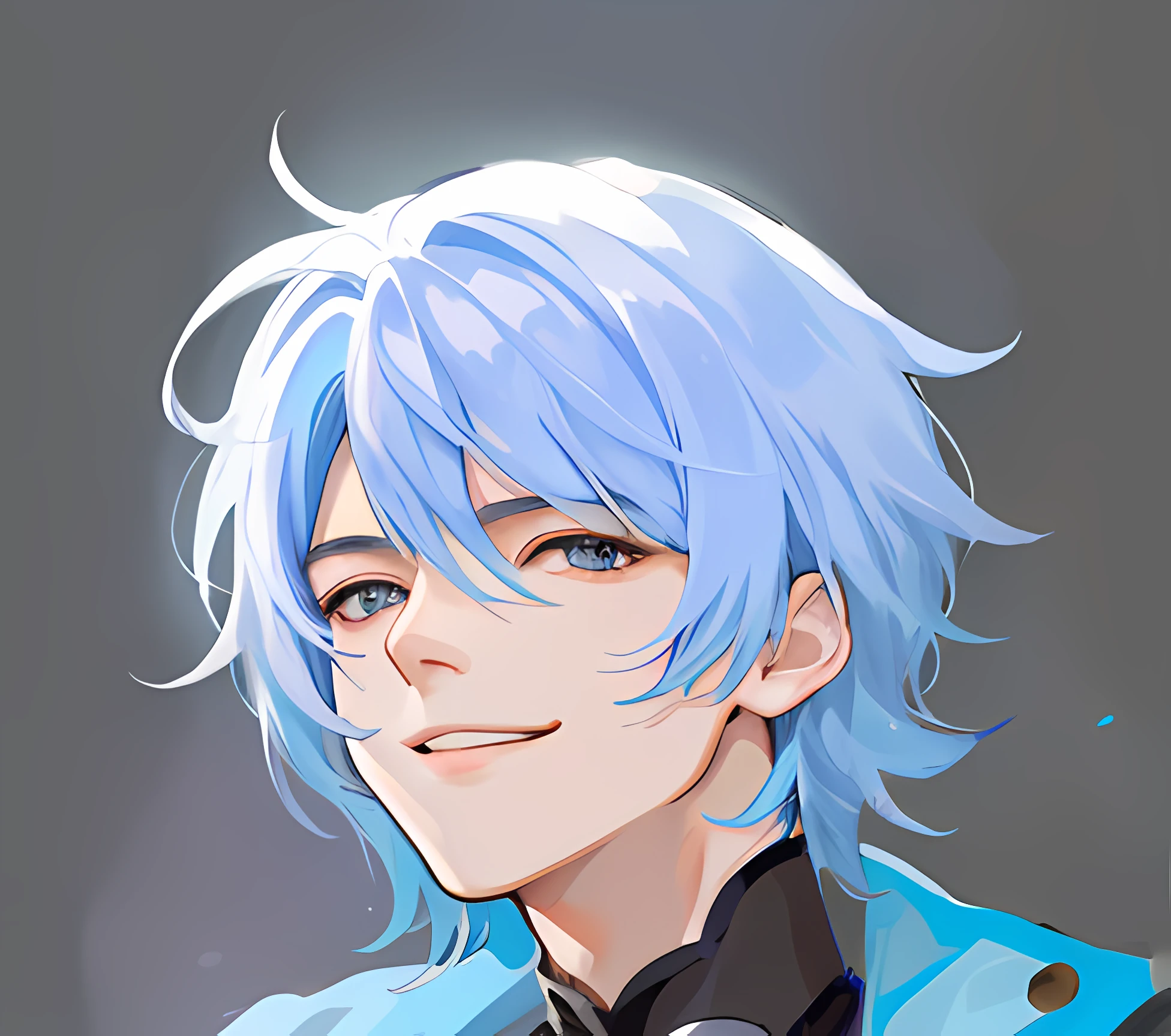 tmasterpiece，Top image quality，Truthful，Handsome smile，Lips gently closed，Close-up portrait，Extremely delicate facial skin（Pay special attention to short hair、blue  hair）。