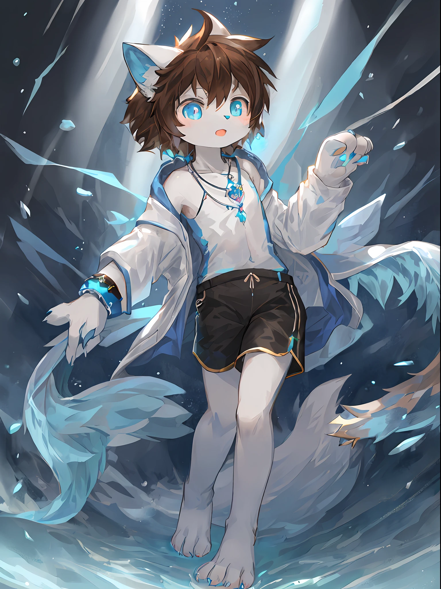 (tmasterpiece:1.2),Furry juvenile cat,Moe and energetic beasts,Brown hair with blue pupils,Clear eyes,Bright eyes,energetic,adolable,One paw clenched and raised,The other paw is raised in front of the chest,Blue crystal necklace,Wrist watch,White coat,The white underwear is printed with a cat's claw pattern,Black shorts,The barefoot,Clear small stone drift,Full of life。