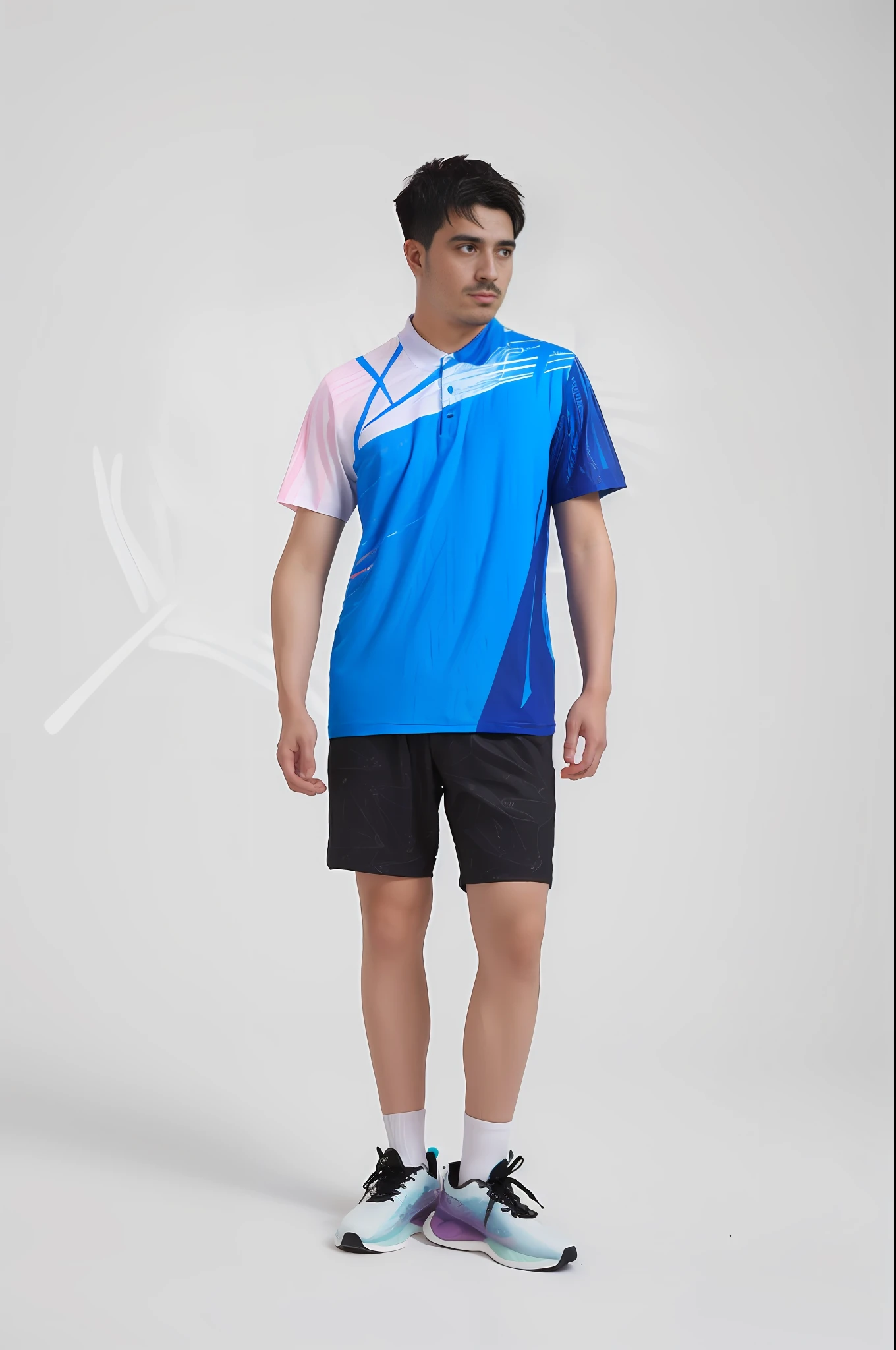 Arafeld man in blue shirt and black shorts standing in front of a white background, young man with short, inspired by Wen Zhengming, jinyiwei, tennis wear, yihao ren, wearing a volleyball jersey, inspired by Ding Yunpeng, pan ren wei, wenjun lin, Short sleeves, nanquan, Energetic Varia suit