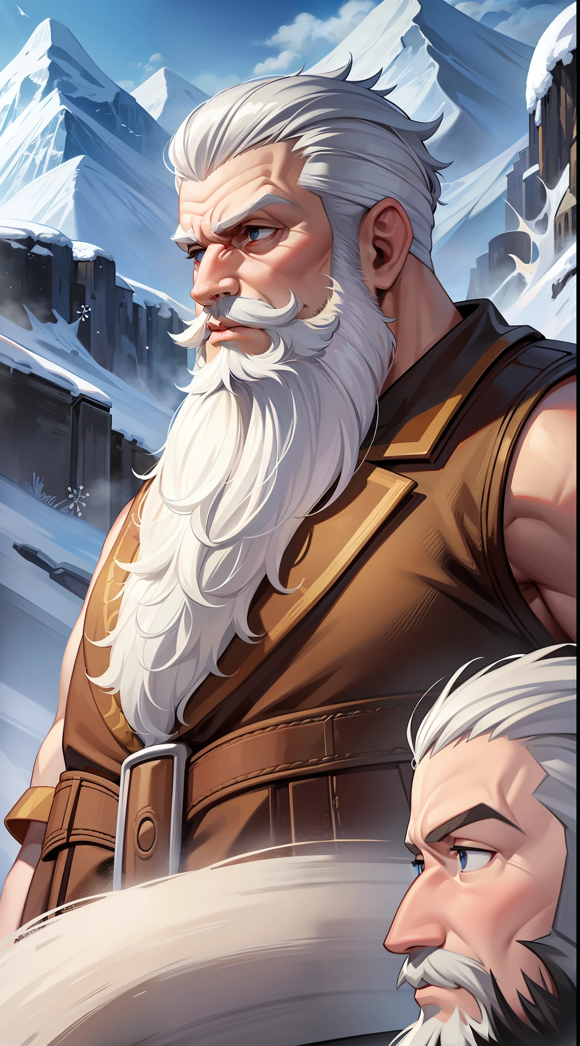 (Russian style+The villagers),Snowy mountain background，(Burly male，White color hair，big beard，old man)。