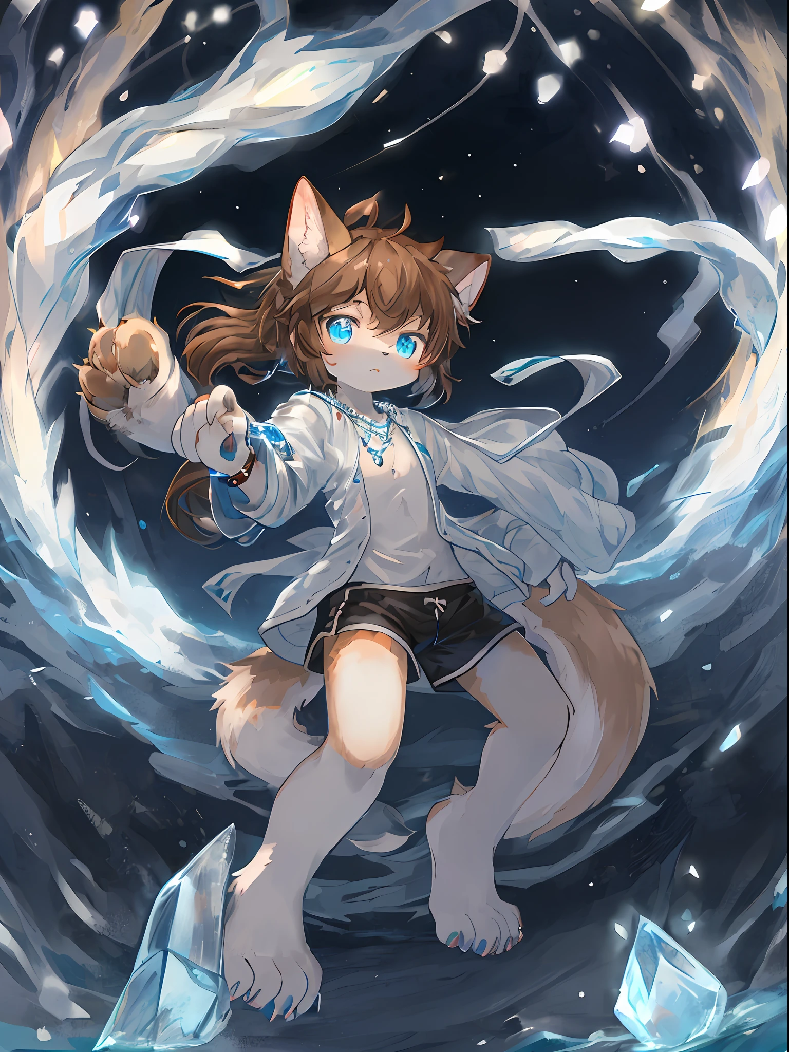 (tmasterpiece:1.2),Furry juvenile cat,Moe and energetic beasts,Brown hair with blue pupils,Clear eyes,Bright eyes,energetic,adolable,One paw clenched and raised,The other paw is raised in front of the chest,Blue crystal necklace,Wrist watch,White coat,The white underwear is printed with a cat's claw pattern,Black shorts,The barefoot,Clear small stone drift,Full of life。
