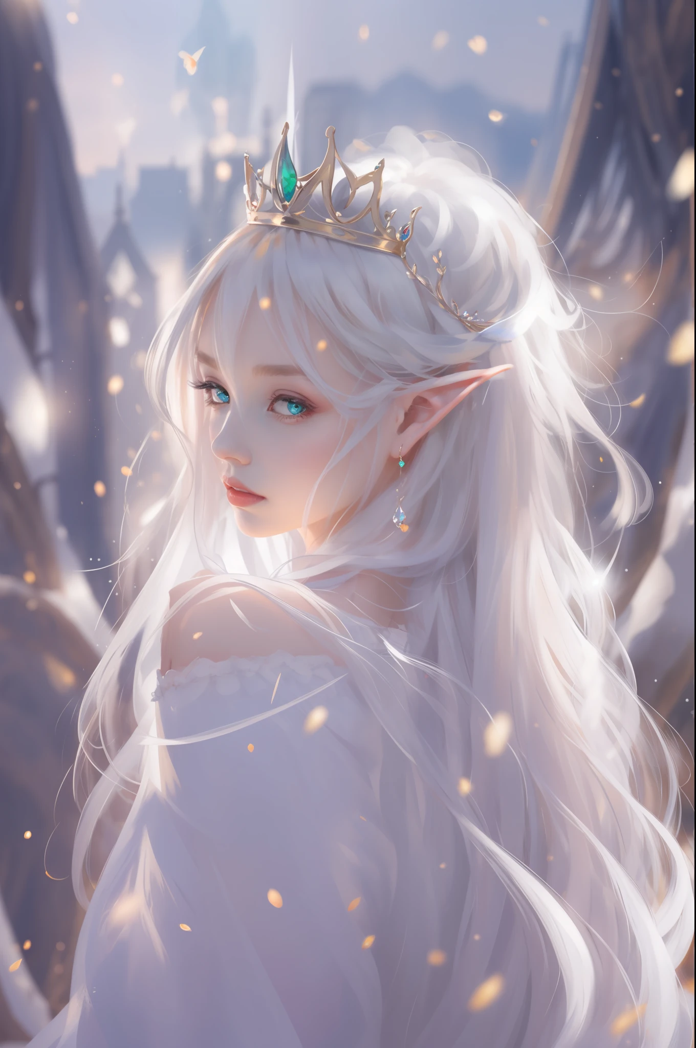 1 woman with a crown, Beautiful and elegant elf princess, Guviz, Fantasy art style, 8K high quality detailed art, Seductive elf princess, digital fantasy art , beautiful elven princess, beautiful and elegant female elf,（Perfect full-body portrait，tilt of the head，BREAK BREAK BREAK,），（WLOP painter style，glitters，Blue sparkling eyeshadow）， (long  white hair，White-colored skin，Elf Girl，The skin is translucent white，sparkle in eyes，The elves were dressed in pure white)，beautiful  face，（Lonely pale face），facing to audience，Particle，Glow，Guviz-style artwork, WLOP Art