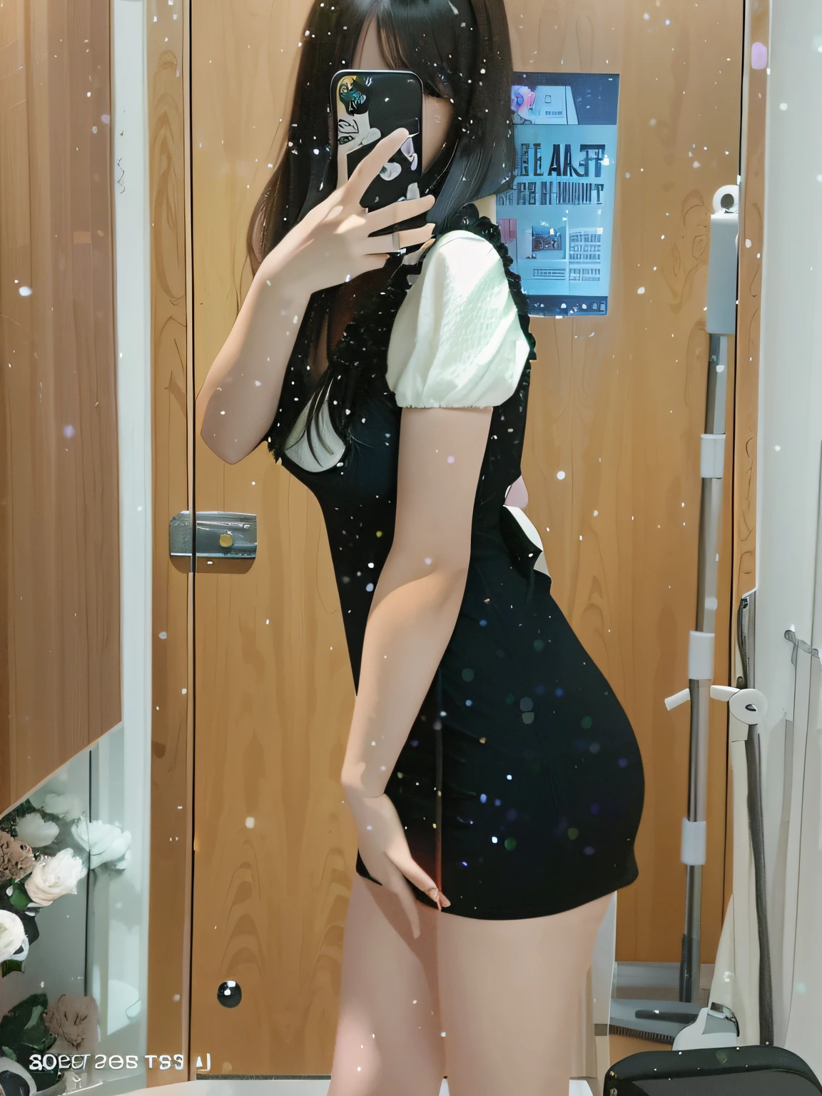 there is a woman taking a picture of herself in the mirror, middle body shot, wearing dresses, wearing a tight black dress, full body;, is wearing dress, full body! Pretty face, wearing a black dress, tight attire, Sexy dress, waist - shot, Waist high, Tight dress, She is facing the camera, selfie shot straight on angle