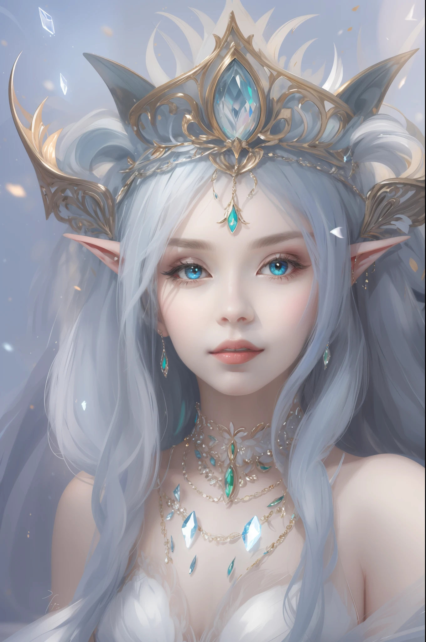 1 woman with a crown, Beautiful and elegant elf princess, Guviz, Fantasy art style, 8K high quality detailed art, Seductive elf princess, digital fantasy art , beautiful elven princess, beautiful and elegant female elf,（Perfect full-body portrait，tilt of the head，BREAK BREAK BREAK,），（WLOP painter style，glitters，Blue sparkling eyeshadow）， (long  white hair，White-colored skin，Elf Girl，The skin is translucent white，sparkle in eyes，The elves were dressed in pure white)，beautiful  face，（Lonely pale face），facing to audience，Particle，Glow，Guviz-style artwork, WLOP Art