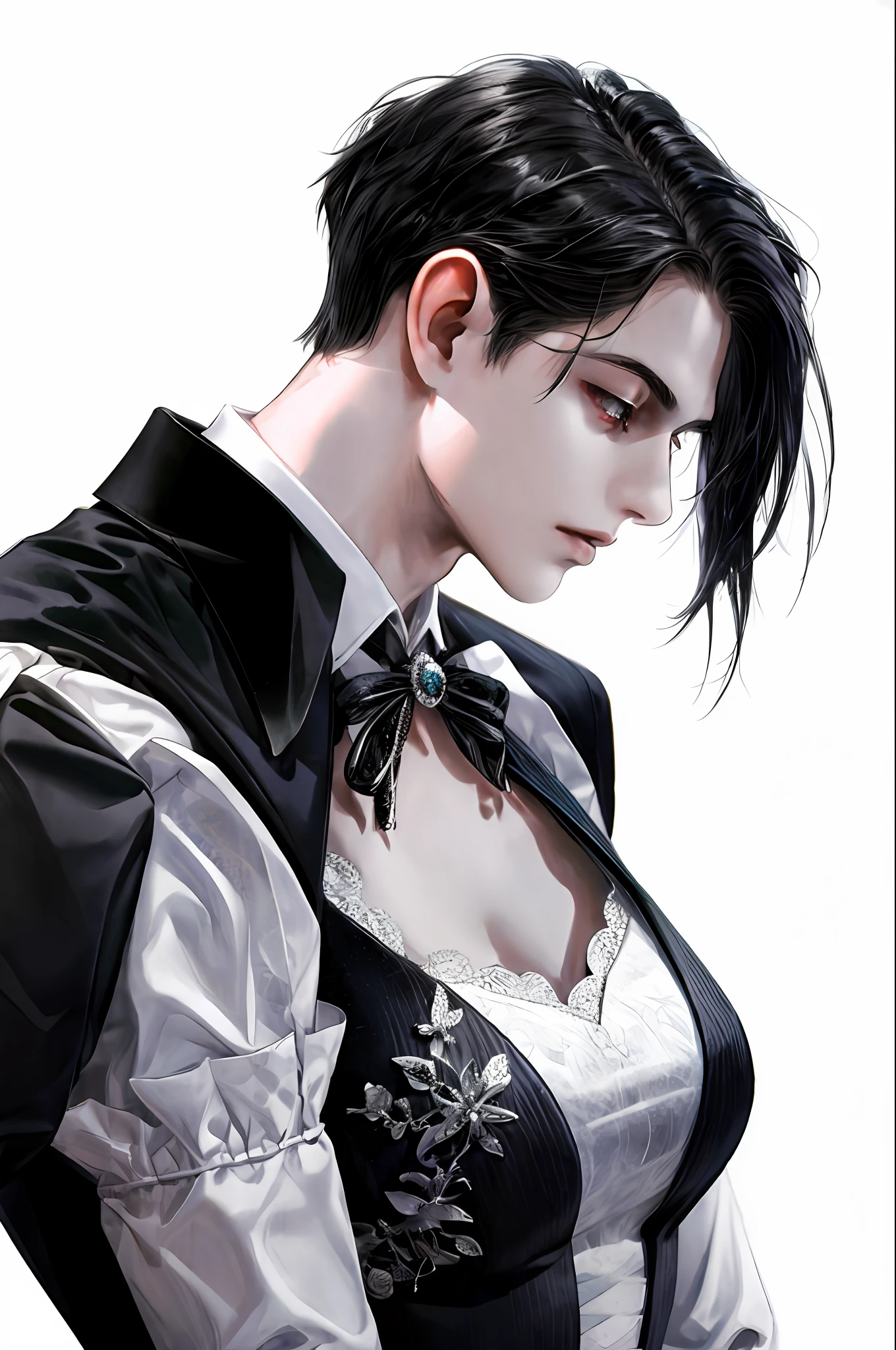 (masterpiece, best quality), 2 others, couple, 1 boy with 1 girl, Height difference, different color, upper body, side view, simple background, white background, extreme eyes details, girls wear maid clothes, boys wear black vest