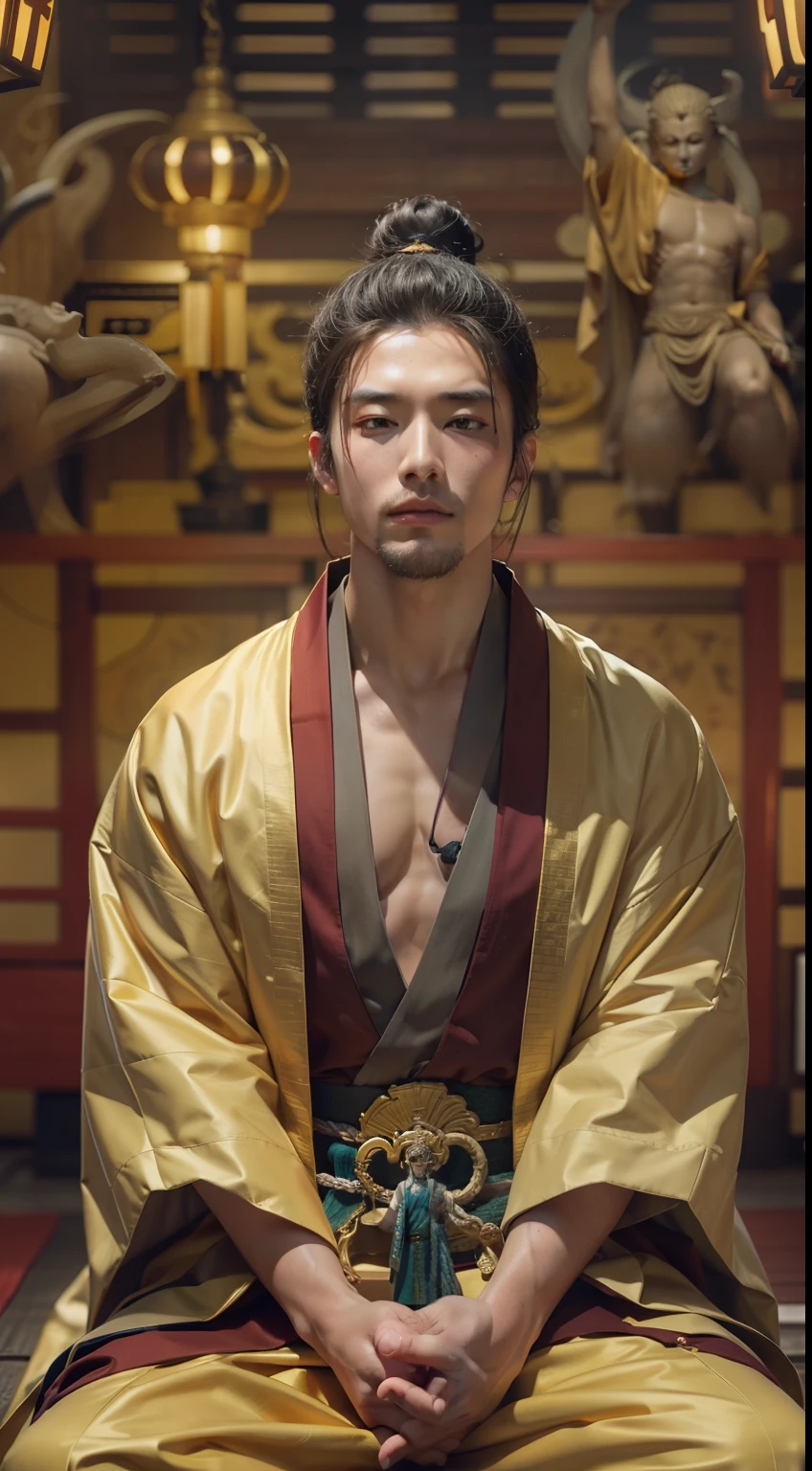 masutepiece, Best Quality, hight resolution, photoreaslistic, Detailed face, Handsome man meditating in front of a shining altar, Middle-aged man,Stubble,Gasso,Wear a golden robe,Emitting an aura,inspired by Kaigetsudō Anchi, a temple background, inspired by Shūbun Tenshō, zen temple background, Zen Cyberpunk Meditation, inspired by Torii Kiyomitsu, inspired by Itō Jakuchū, Inspired by Hayami Xingzhou