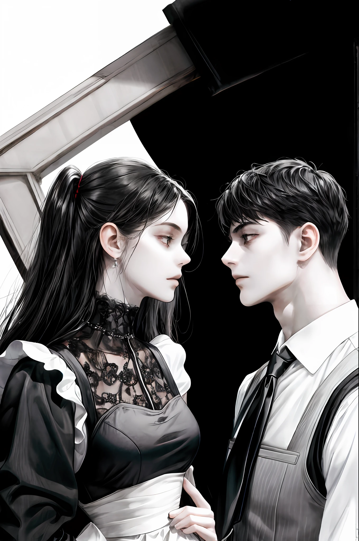 (masterpiece, best quality), 2 others, couple, 1 boy with 1 girl, Height difference, different color, upper body, side view, simple background, white background, extreme eyes details, girls wear maid clothes, boys wear black vest
