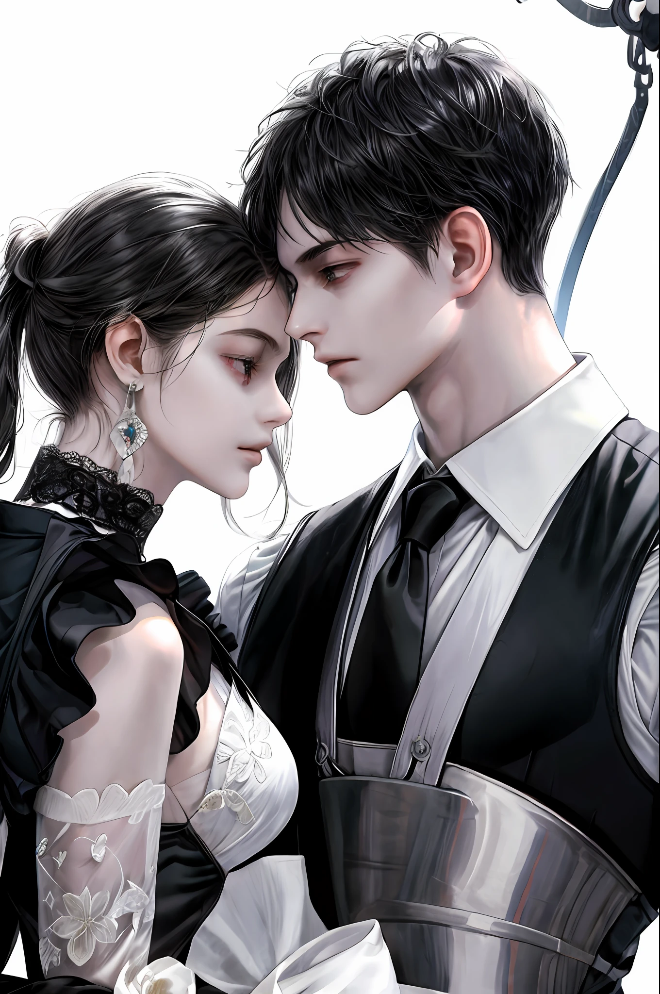 (masterpiece, best quality), 2 others, couple, 1 boy with 1 girl, Height difference, different color, upper body, side view, simple background, white background, extreme eyes details, girls wear maid clothes, boys wear black vest