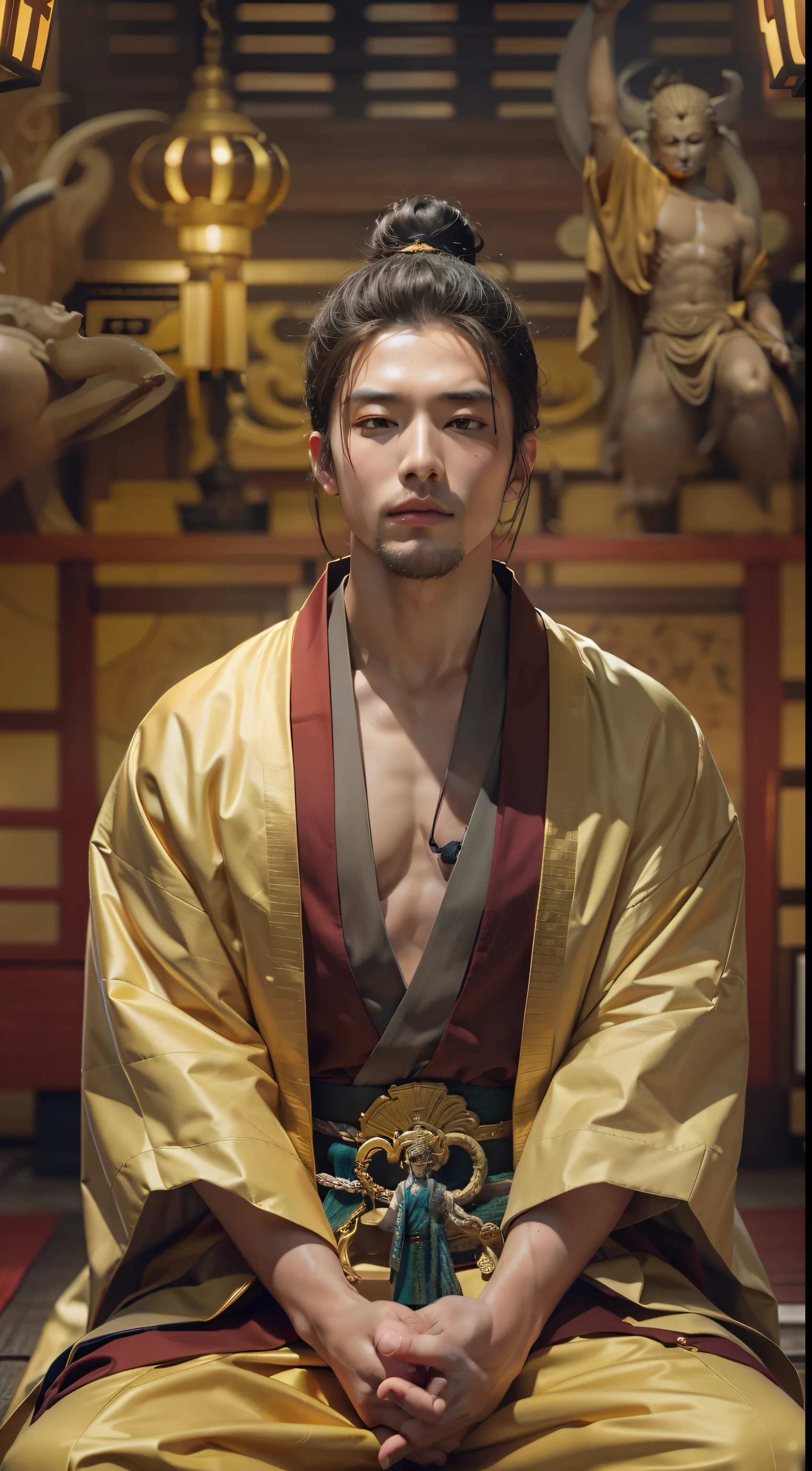 masutepiece, Best Quality, hight resolution, photoreaslistic, Detailed face, Handsome man meditating in front of a shining altar, Middle-aged man,Stubble,Gasso,Wear a golden robe,Emitting an aura,inspired by Kaigetsudō Anchi, a temple background, inspired by Shūbun Tenshō, zen temple background, Zen Cyberpunk Meditation, inspired by Torii Kiyomitsu, inspired by Itō Jakuchū, Inspired by Hayami Xingzhou
